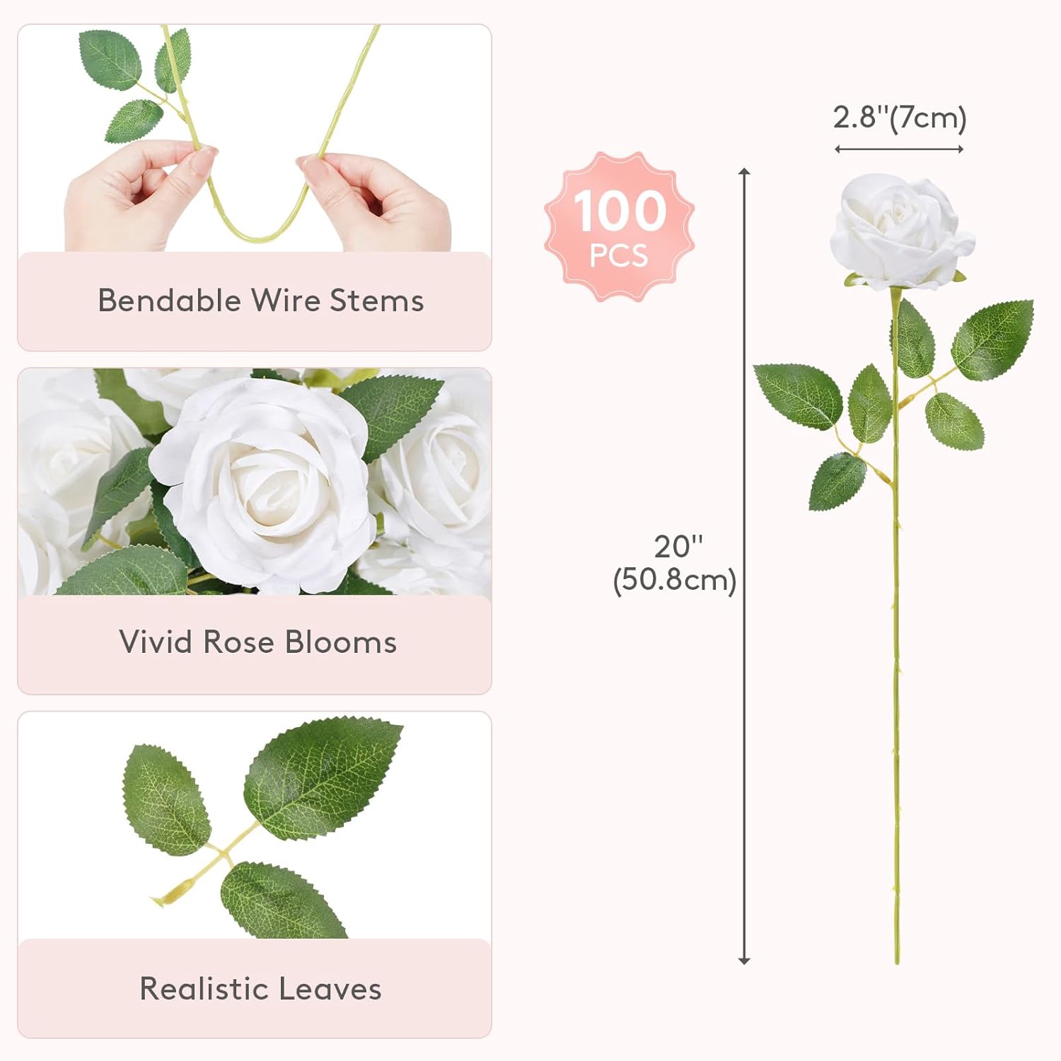 Lifewit 100 Pcs White Artificial Roses Flowers in Bulk, Fake Long Stem Silk Roses for DIY Wedding Bouquets, Centerpieces Arrangements, Valentine Decorations
