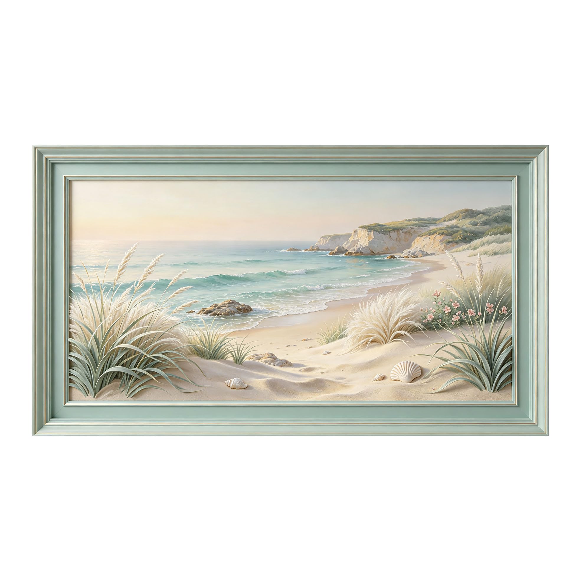 Murasolite 3D Framed Wall Art Coastal Beach Seascape Oil Painting SelfAdhesive Fabric Mural Wall Decor， Peel and Stick No Damage to Wall， AntiFall Safe Design for Bedroom Living Room