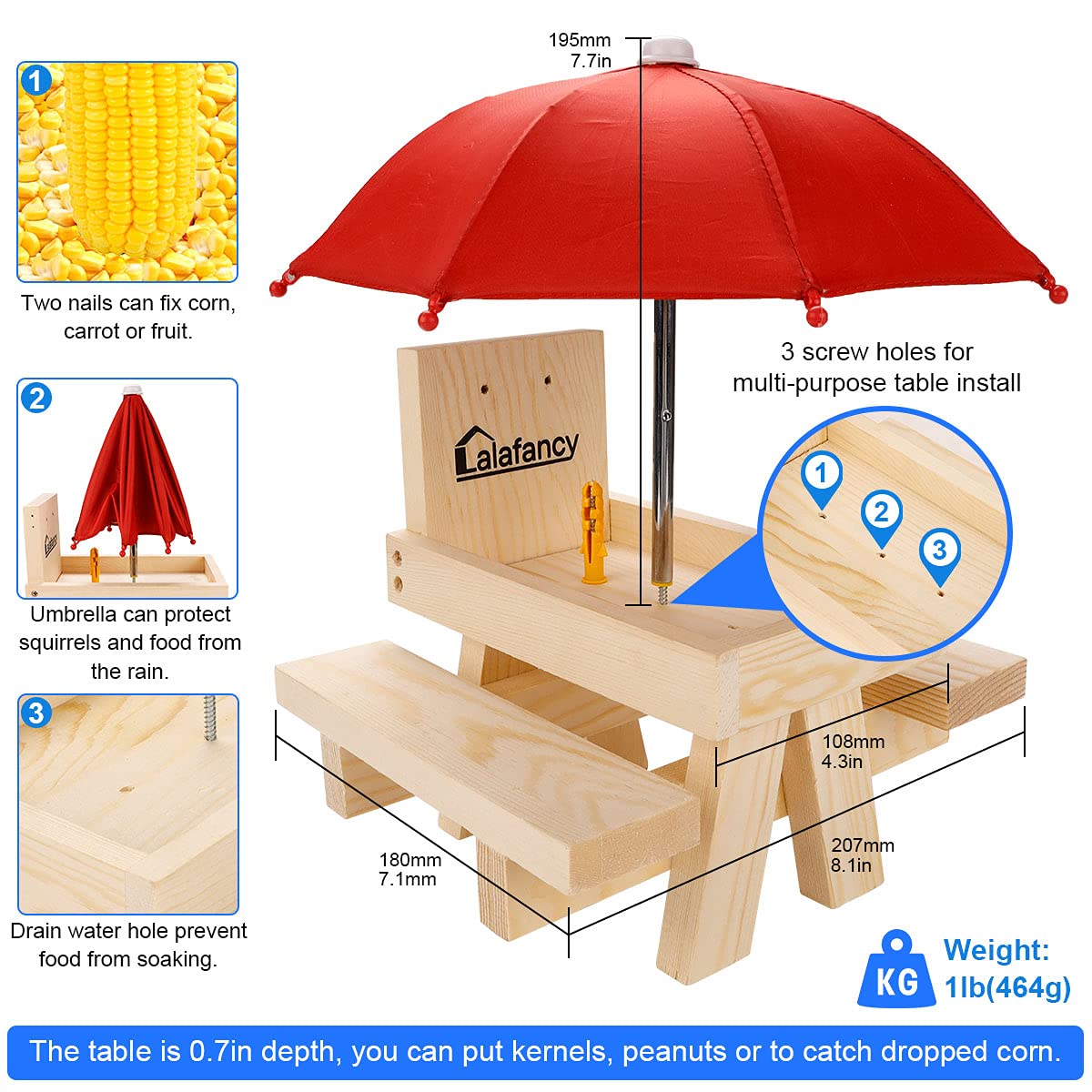 NCONCO Squirrel Feeder, Wooden Picnic Table With Umbrella & Corn Cob Holder, Easy To Fill Peanuts & Nuts, Ideal For Squirrel Lovers