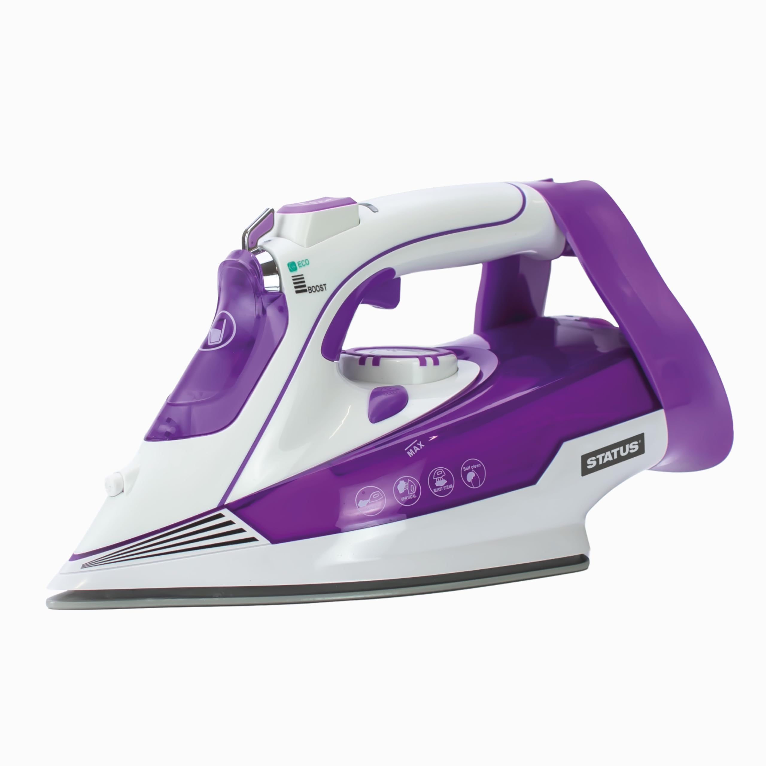 STATUS 2700W Miami Steam Iron, Ceramic Soleplate Clothes Iron, Continuous and Burst Steam, White and Purple for Home Laundry (MIAMIIRON1PKB4)