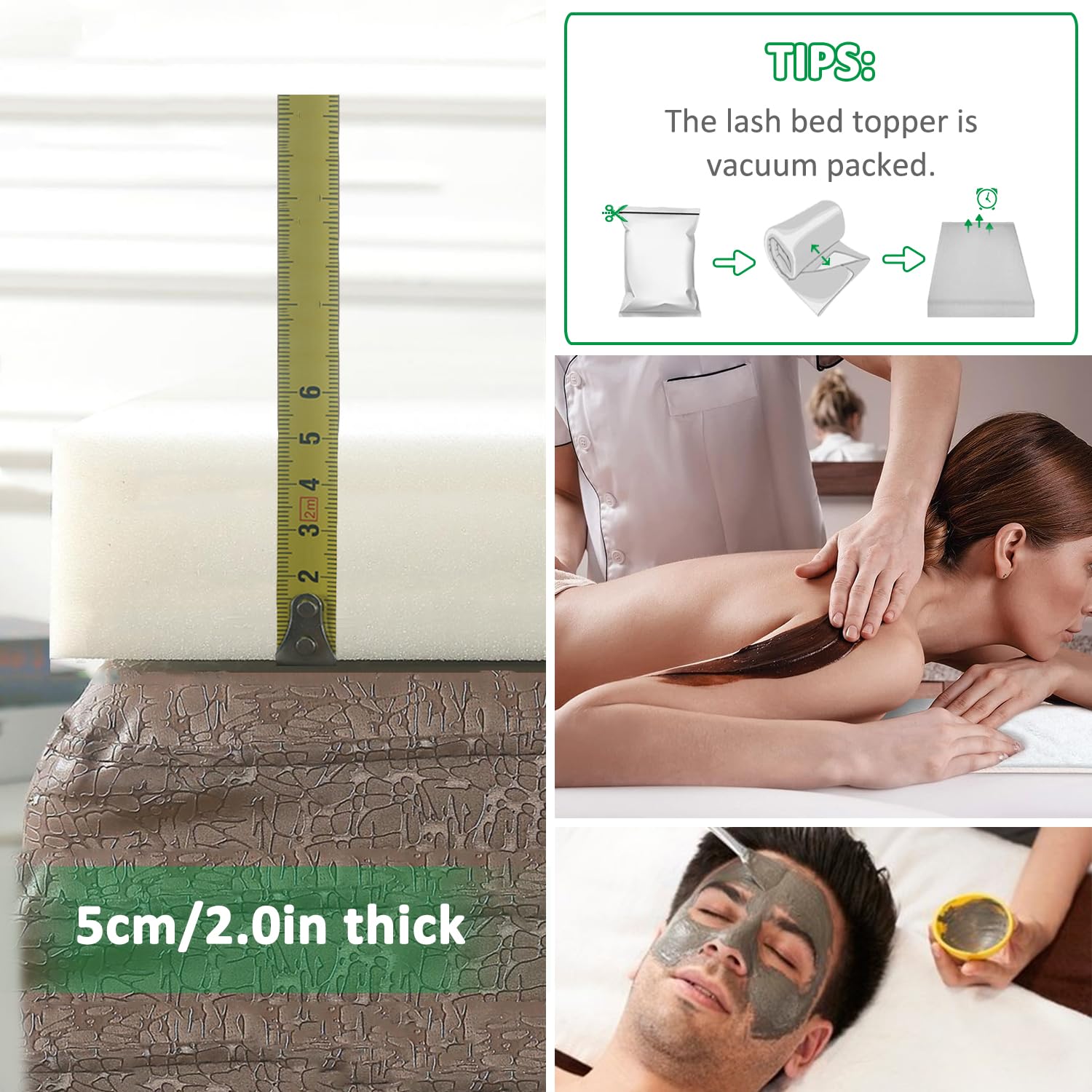 Surmatelas pour Table De Massage 3/4,5/5/6,5cm,Rembourrage De Lit Spa avec Trou Respiration,Matelas en Mousse À Mémoire De Forme pour Lit De Salon Beauté,À Tête Carrée,White 5cm,70x200cm
