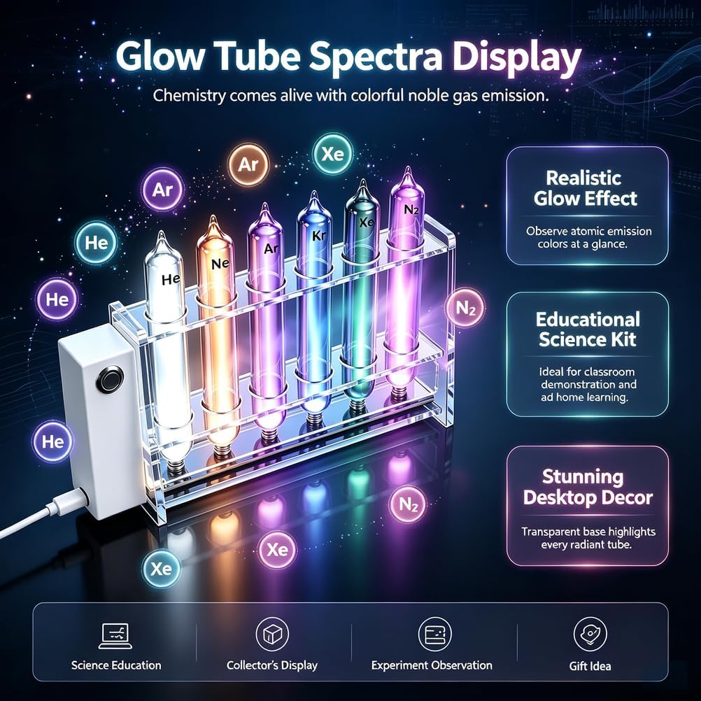 Noble Gas Glow Tubes Set - 6pcs Rare Gas Sealed Glass Tubes with Excitation Base for Science Display & Collection, 99.99% Purity He/Ne/Ar/Kr/Xe/N2