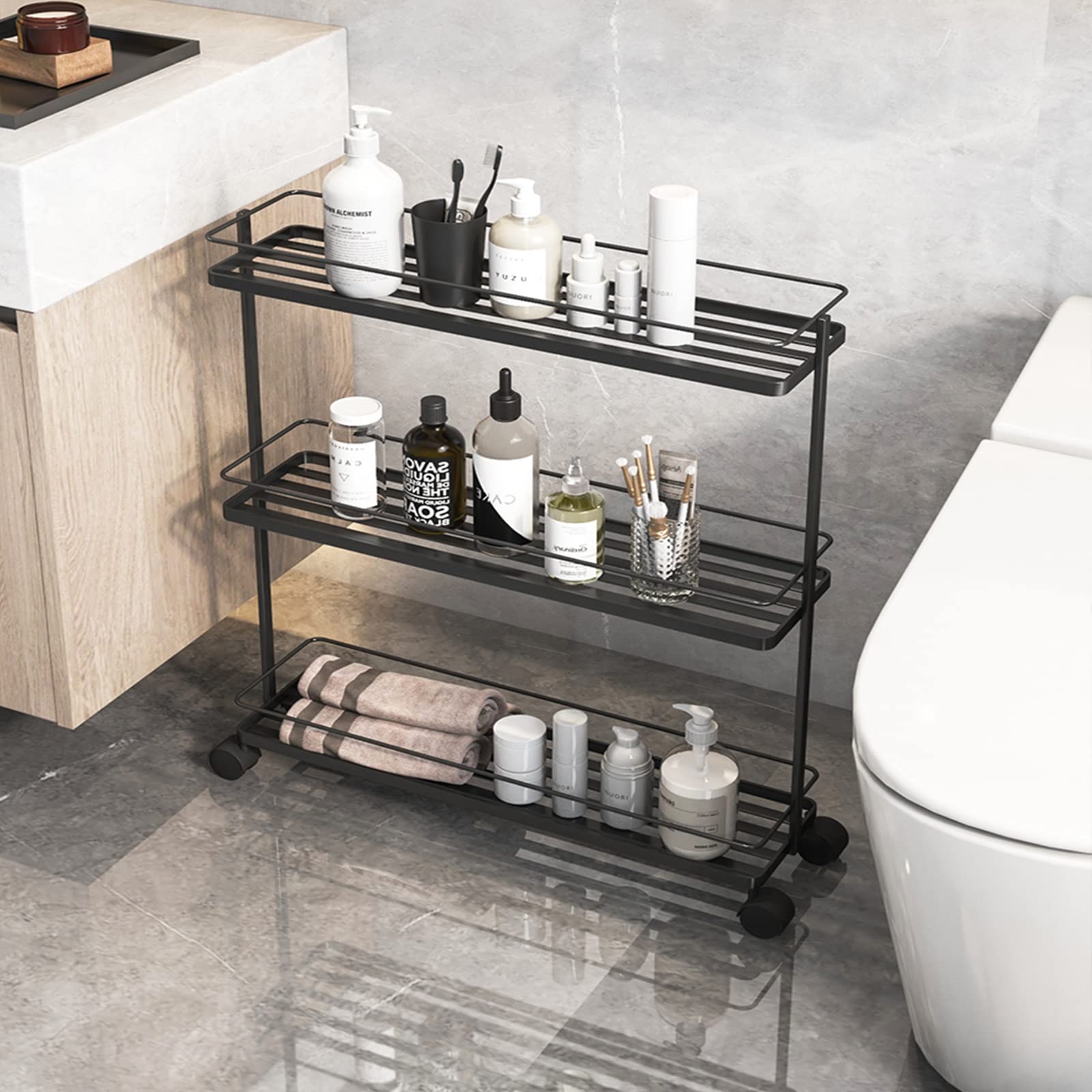 Amazon.co.jp: 浴室キャビネット収納ラックの下、スリムローリング収納