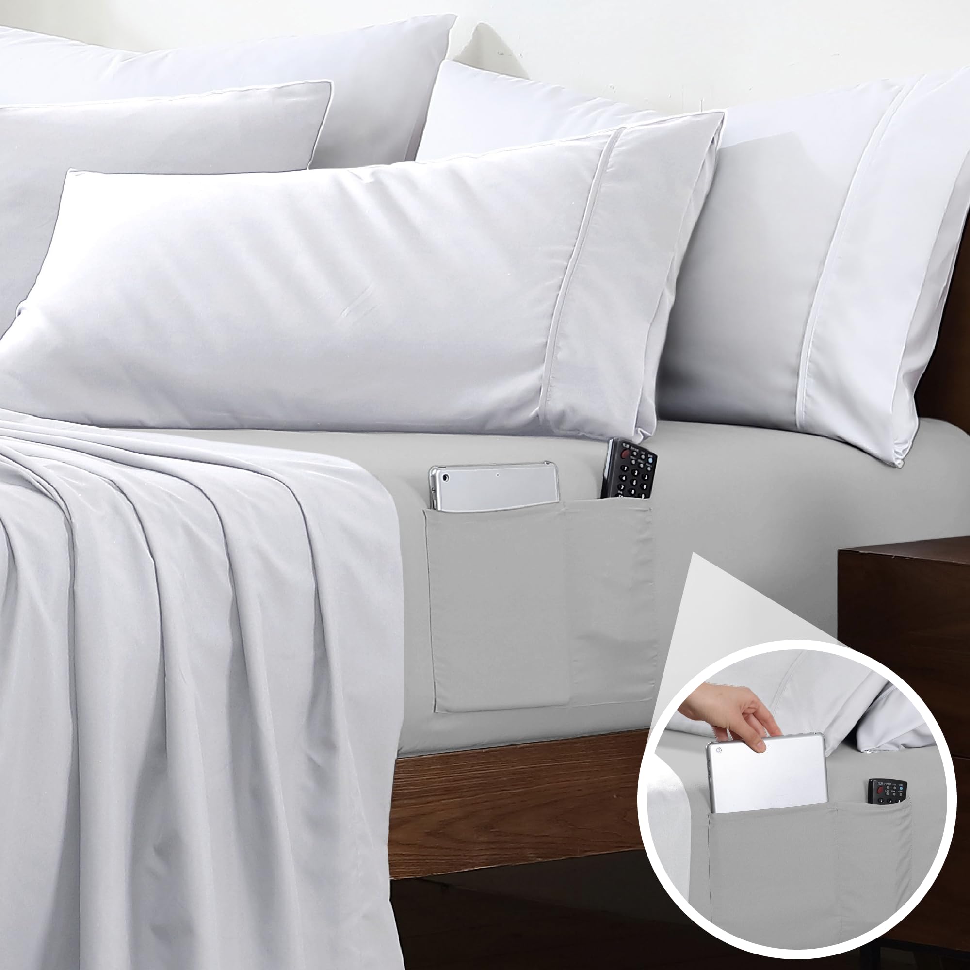 Cathay Home Twin Double-Sided Organizer Pocket Fitted Smart Sheet - Double Brushed Ultra Soft – Wrinkle & Fade Resistant - 14" Deep Pocket Fitted Sheet Only (Twin, Light Grey)