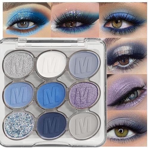 Paleta de sombras de ojos de 9 colores azul plateado mate brillo para maquillaje de ojos, alta pigmentación blanca y gris sombra de ojos