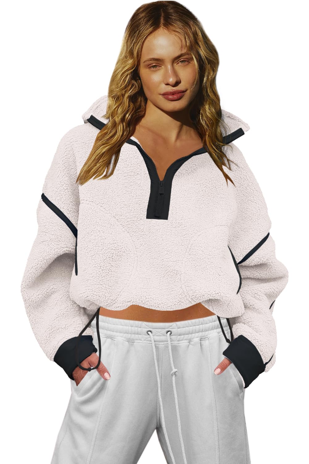 LAMISSCHE Half Zip Sweatshirt Women Oversized Sherpa Jacket V Neck Fleece Pullover Hoodie