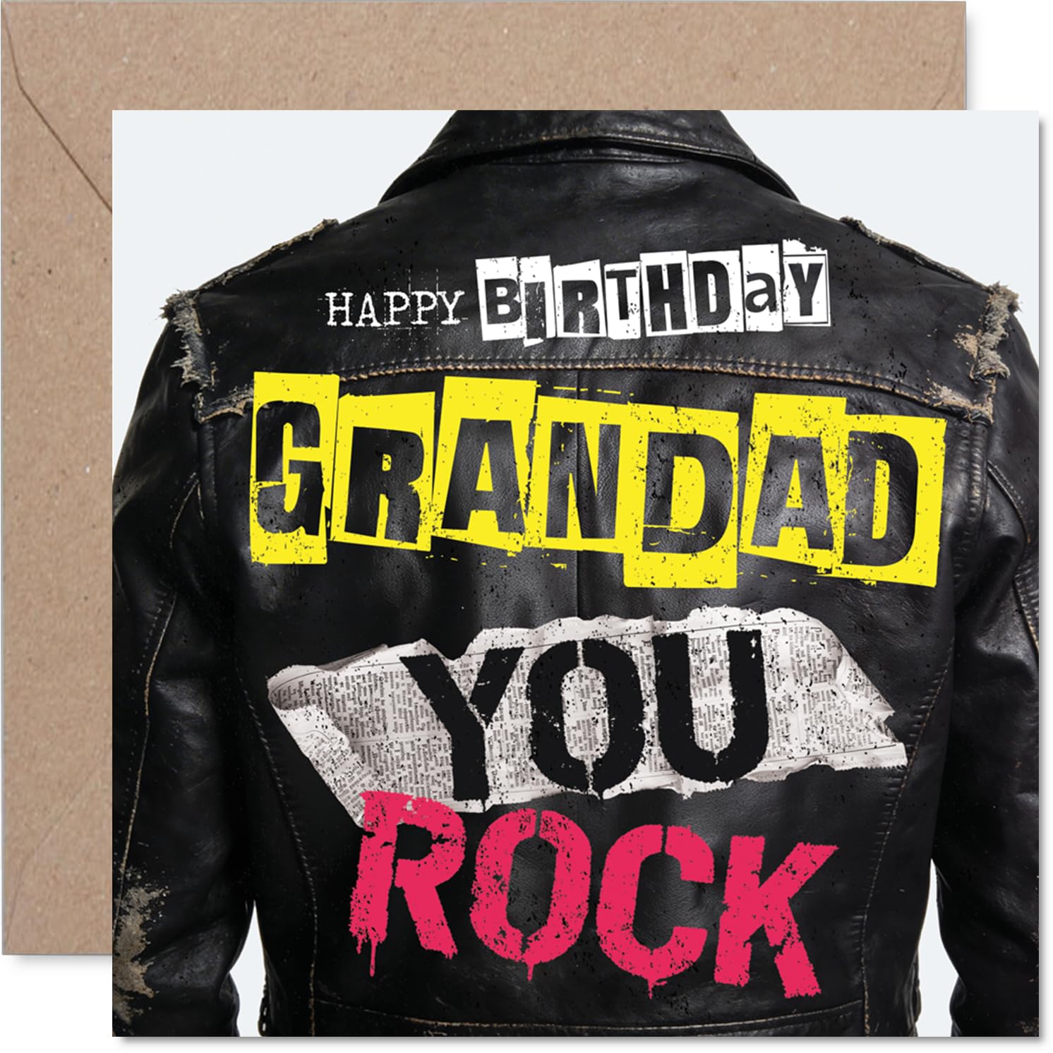 Playful Birthday Card for Grandad - Rockstar Vibes for Grandad - Bold Leather Jacket Design with 'you Rock' Message - 145mm Square, Envelope Included