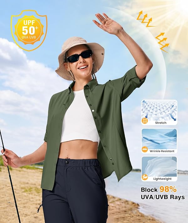 TBMPOY Women's UPF 50 Fishing Safari Hiking Sun Shirt Uv Protection Button Down Long Sleeve Camp Outdoor Travel Clothes Army Green S by TBMPOY - Image 3