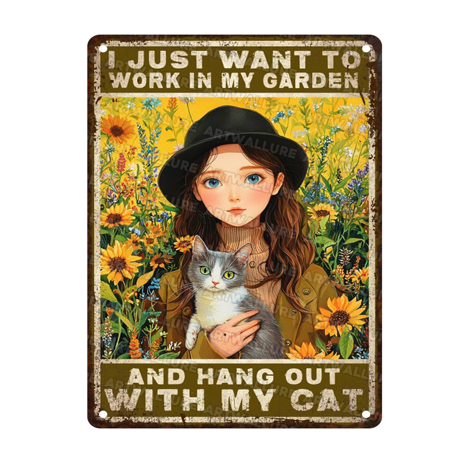 Garden Sunflower Vintage Metal Sign I Just Want To Work In My Garden and Hang Out With My Cat Retro Metal Poster Art Decor for Home Fence Porch Decoration 12x16inch