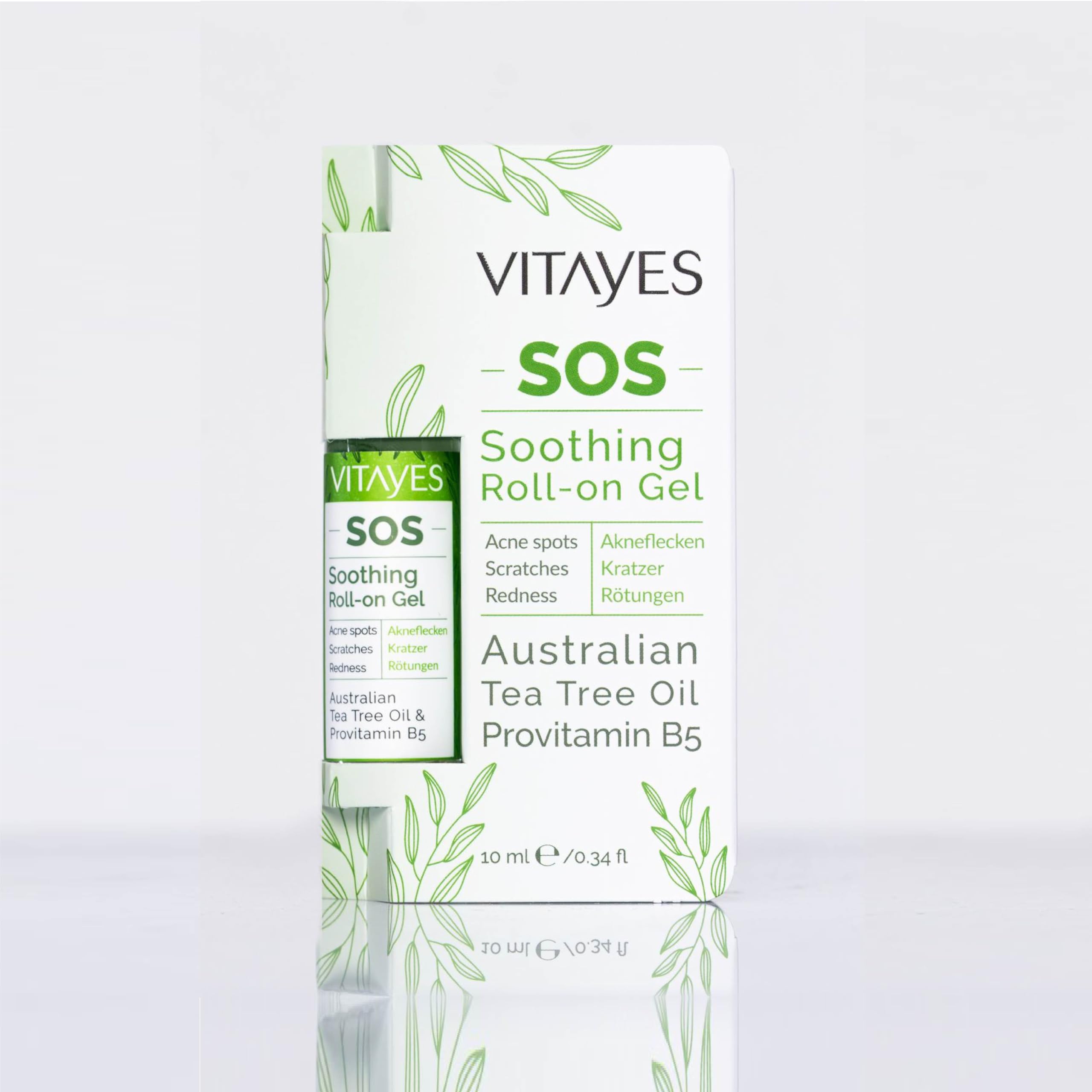 Vitayes SOS Teebaumöl Roller, Vitamin B5, gegen Akne flecken, Kratzer, Hautentzündungen, beruhigender Roll-on Stift, Pickel, unreine Haut, Vegan, reparierend, gegen Hautrötungen, 10ml
