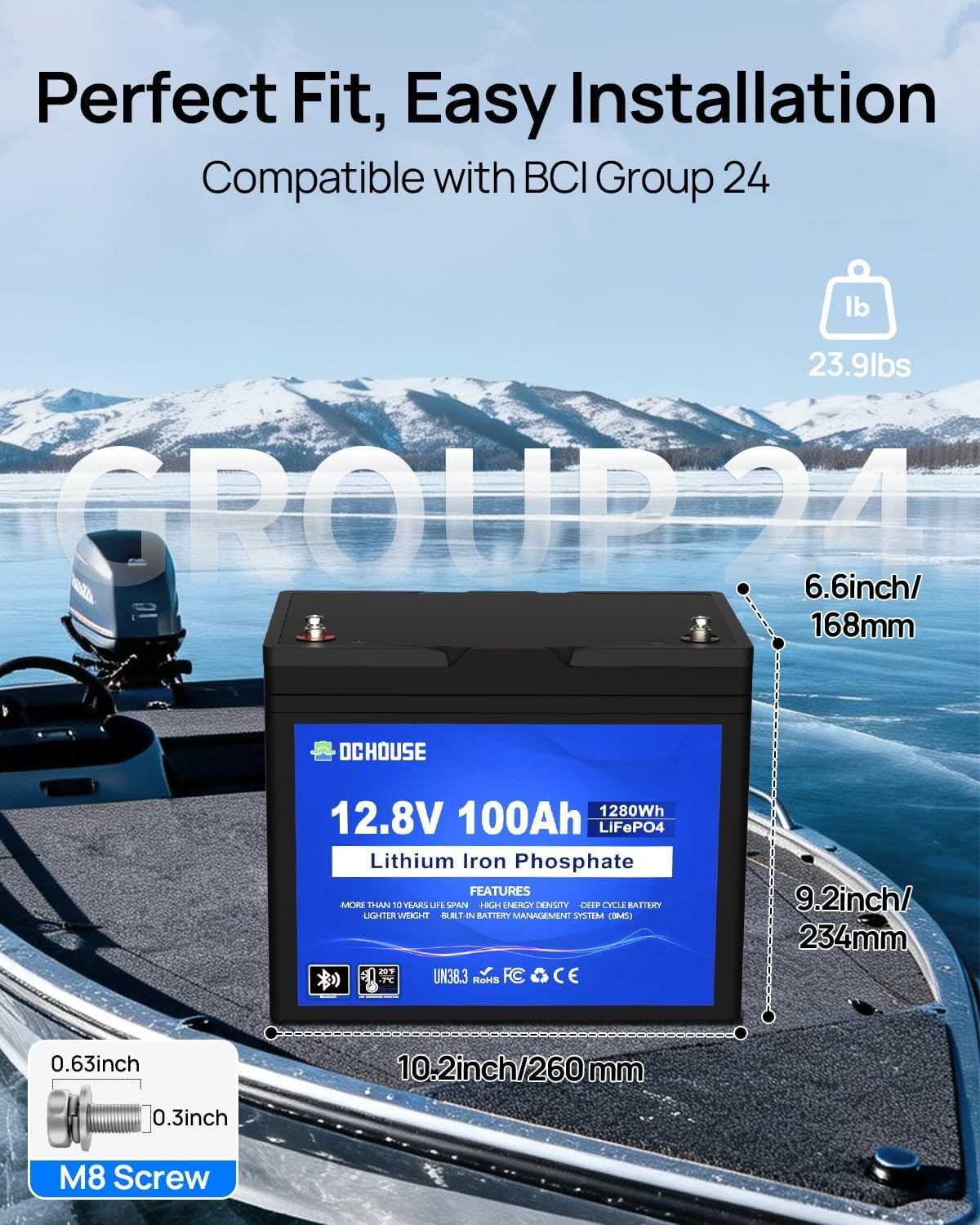 DCHOUSE Bluetooth LiFePO4 12V 100Ah Lithium Batterie mit 100A BMS, Bis zu 15000 Zyklen, 1280Wh Lithium Akku, für Trolling Motor,Wohnmobile, Solaranlage, Wohnwagen, Boot, Camping,Off-Grid-Systeme