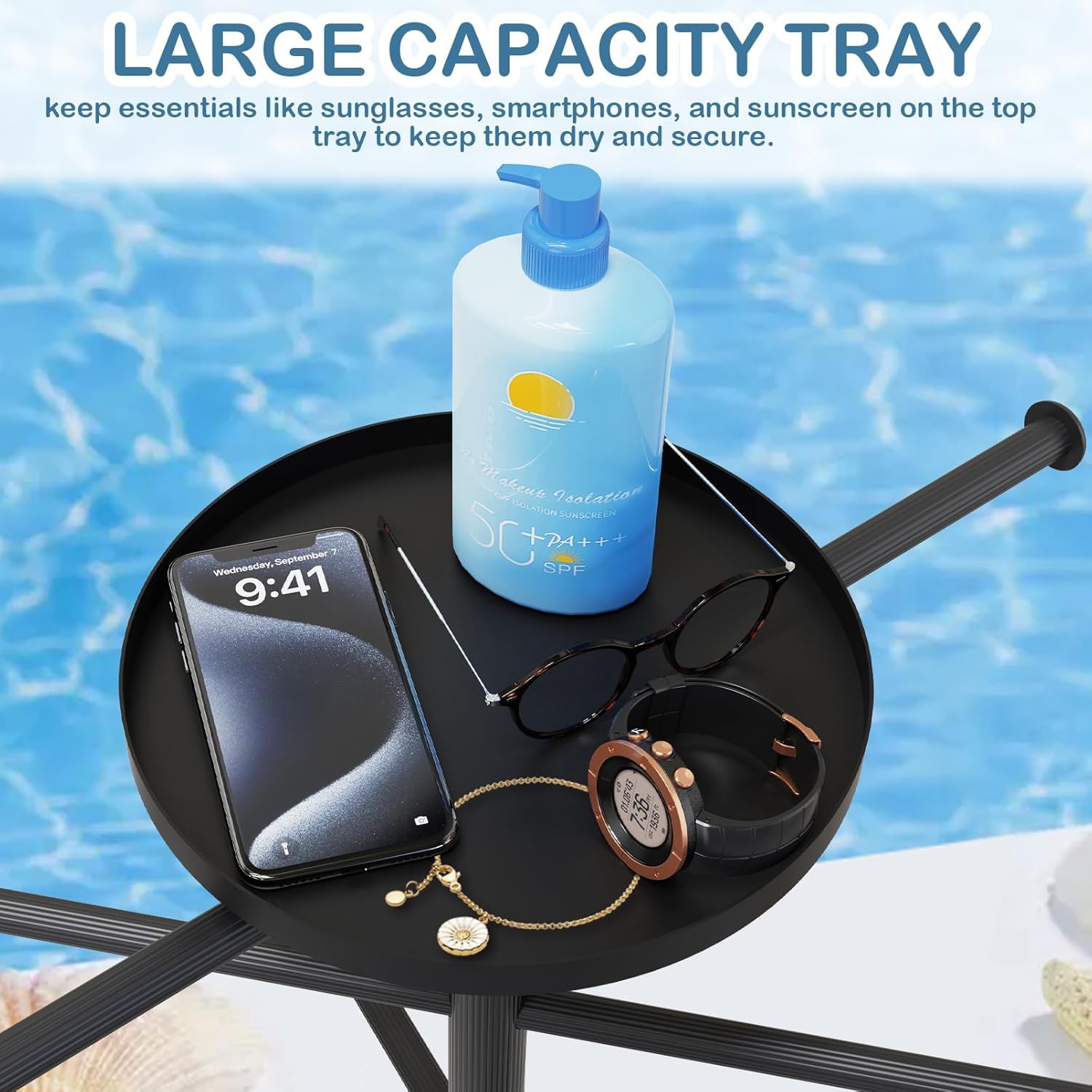 Toallero de piscina de 63 pulgadas con ruedas para interior y exterior, toallero con compartimento de almacenamiento, 6 barras ajustables, accesorios de tubo caliente, toallero independiente para