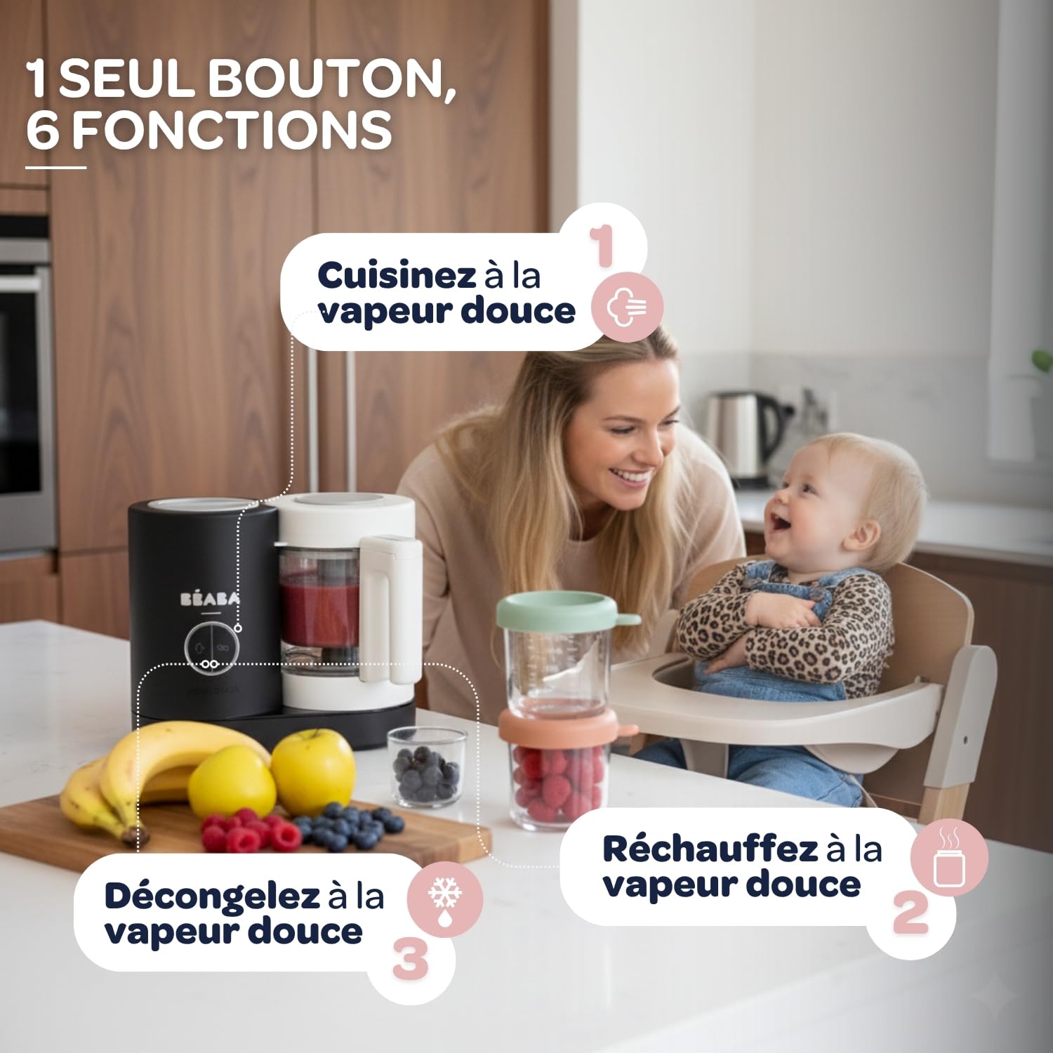 BÉABA Babycook Néo Robot Bébé 6 en 1 Made in France Mixeur-Cuiseur Bol en Verre et Cuve Inox Diversification Alimentaire Petits Pots Bébé Maison Cuisson Vapeur Douce Rapide Noir