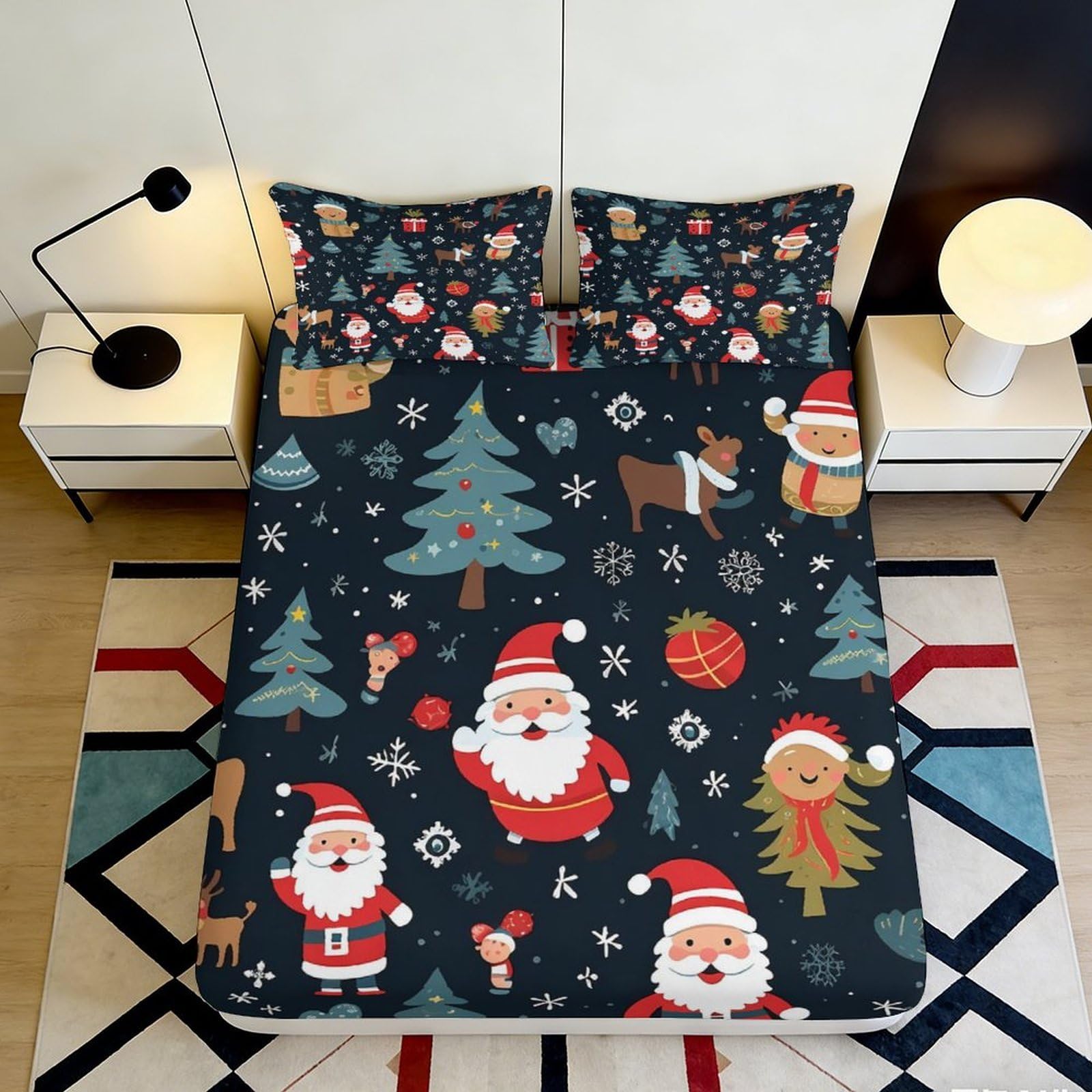 3D Printed Christmas Santa Fitted Sheet Microfiber Soft Festive Reindeer Bed Cover for Bedroom Dorm Easy Care 90x200x25cm