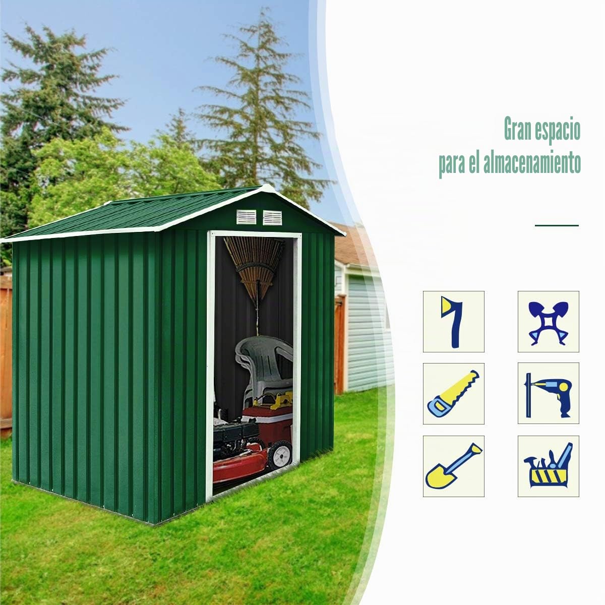 GOPLUS 4.39 m³ Cobertizo de Jardín Estanco con Puertas y Ventana, Fabricado en Metal Galvanizado,Almacenamiento para Bicicleta, Herramientas de Jardinería, 213 x 127 x 185 cm