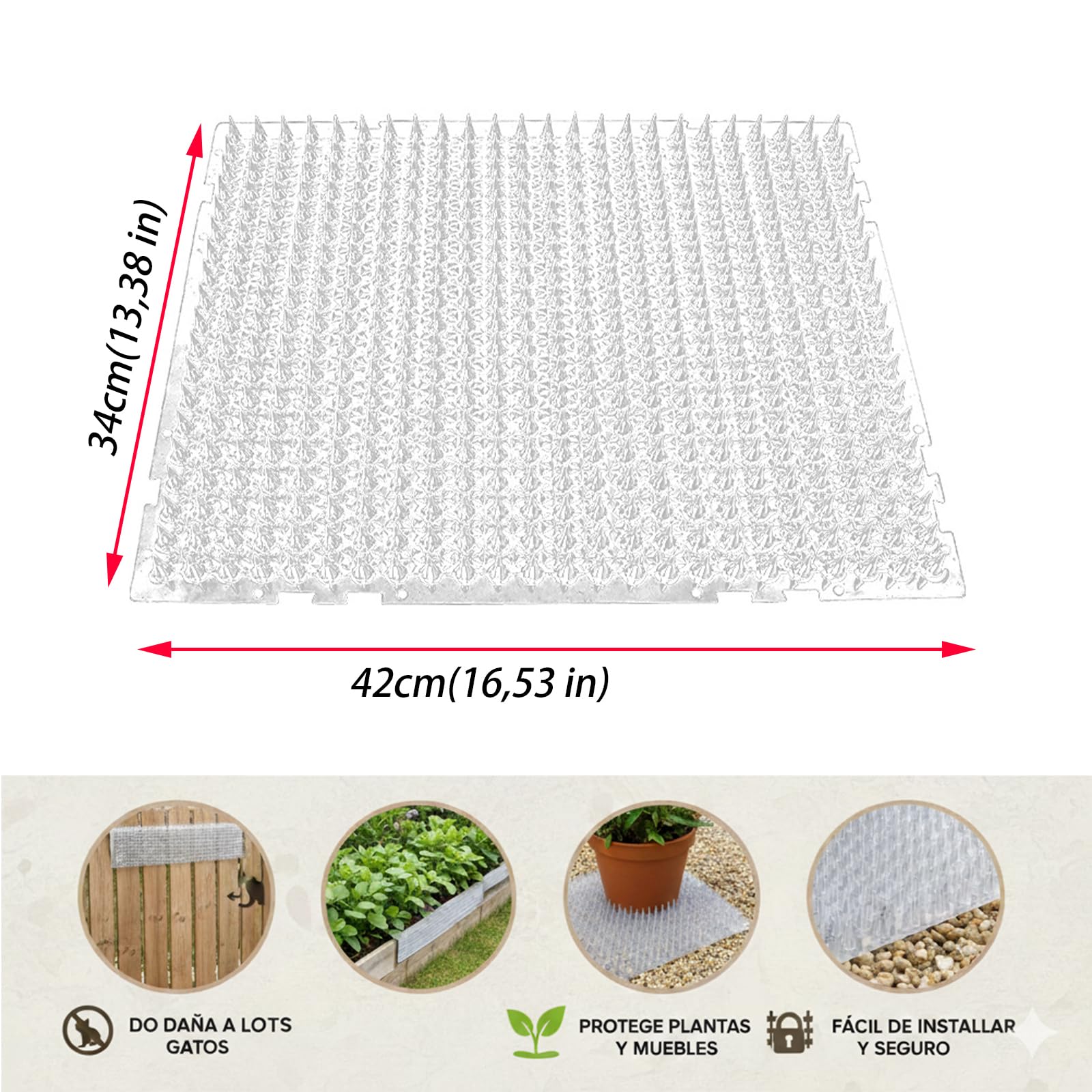 10 Unidades Alfombrilla Anti-Gatos 42x34cm | Pinchos Disuasorios No Dañinos para Jardín y Balcón | PP Reciclado Antideslizante y Resistentes a UV - Protección Interior/Exterior (12, Transparente)
