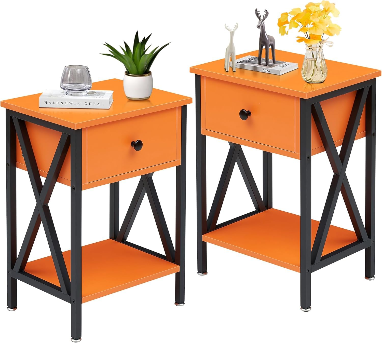 VECELO Nightstands Set of 2, Modern Bedside End Tables, Night Stands with Drawer and Storage Shelf for Living Room Bedroom, Industrial Metal Frame