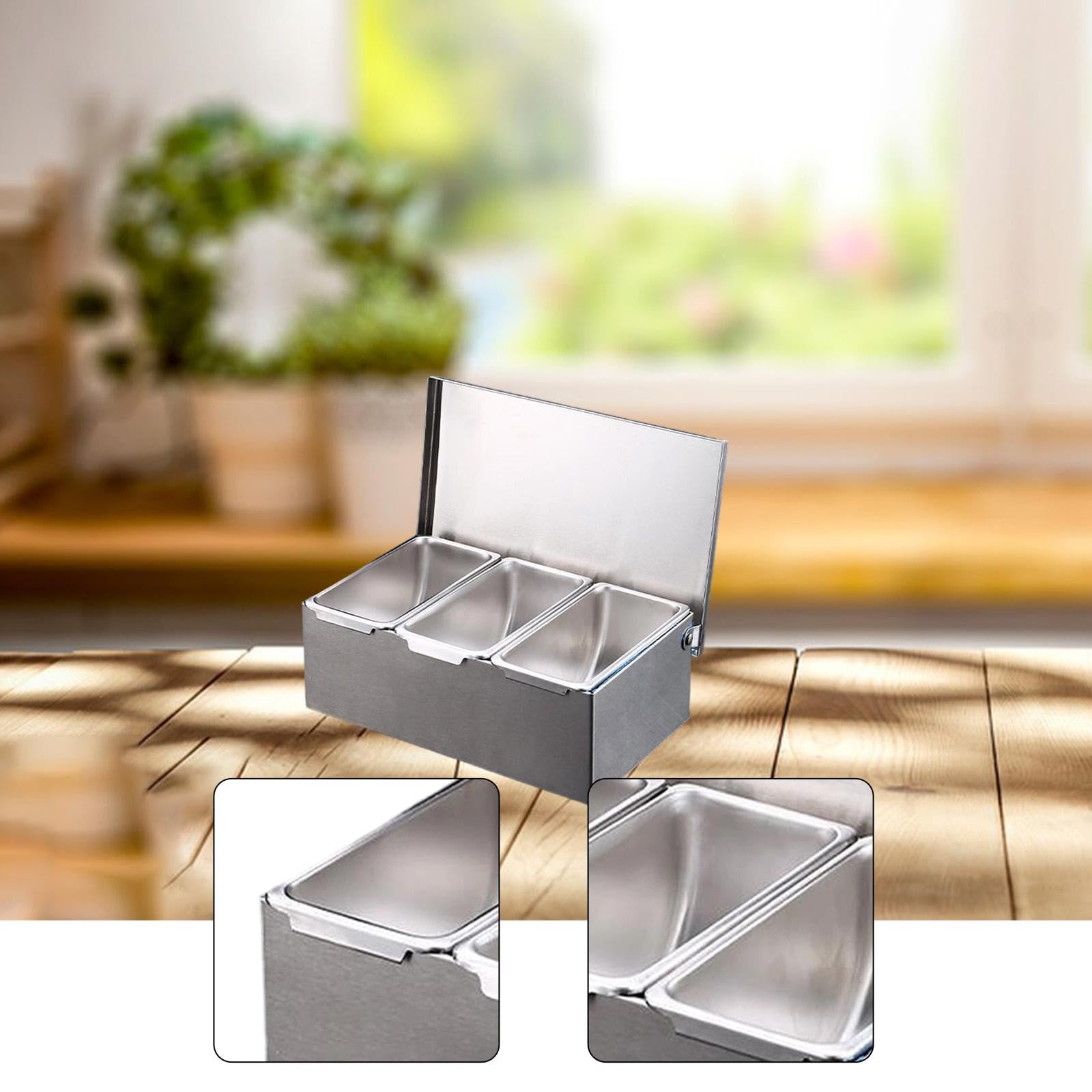 Dispensador de Especias de Acero Inoxidable, Recipiente de Almacenamiento, Bandeja para Especias, Contenedor de Especias, Estación de Aderezos, Organi, 3 cuadrículas, Individual