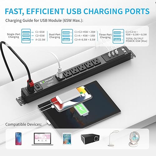 Miniatura 3 de Tira de alimentación de escritorio resistente de carga rápida de 65 W, 3 puertos USB, 6 tomas NEMA 5-15R con interruptor para el hogar, oficina,