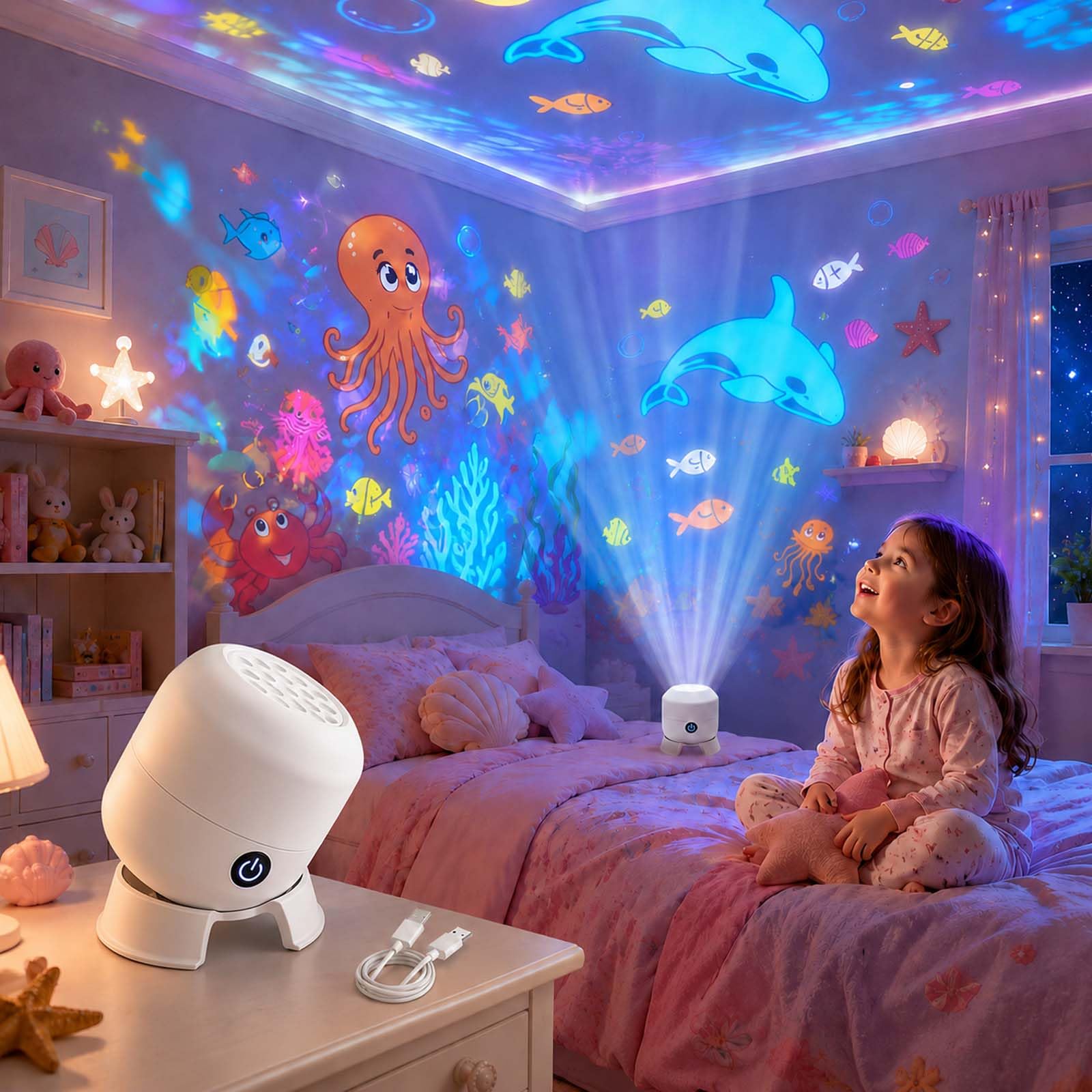 Golsca Dynamic Rotating LED Projector Light, Night Light Projector for Kids, Ocean Projector with 360 Rotating, Lights for Bedroom, Party, Home, Gifts for Boys and Girls Birthday, Christmas