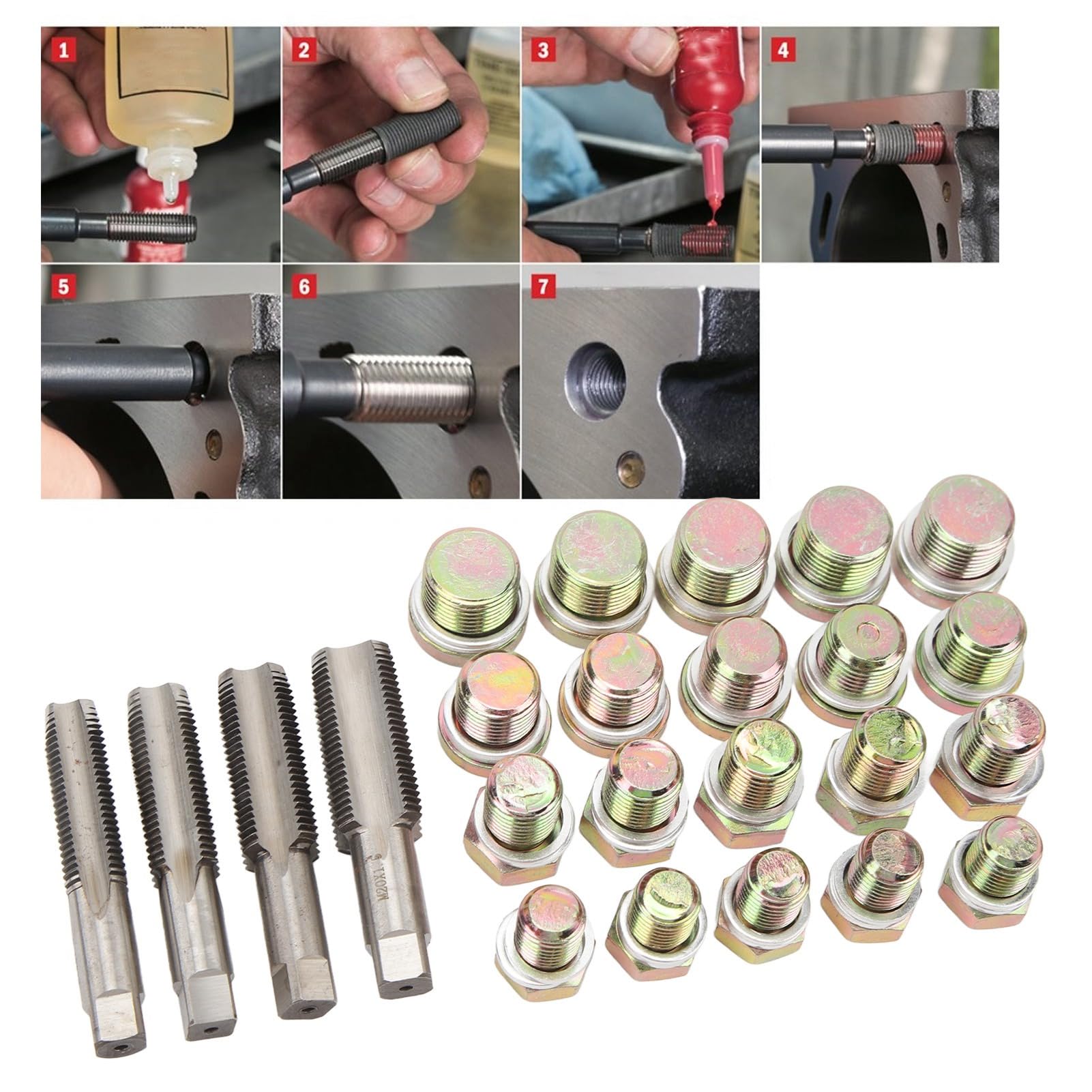 Kit di Riparazione Filettatura Coppa Dell'olio, Set di Riparazione Bulloni Coppa Dell'olio 64 Pezzi M13 M15 M17 M20 con Custodia Stampata a Soffiaggio, per Auto, Veicoli