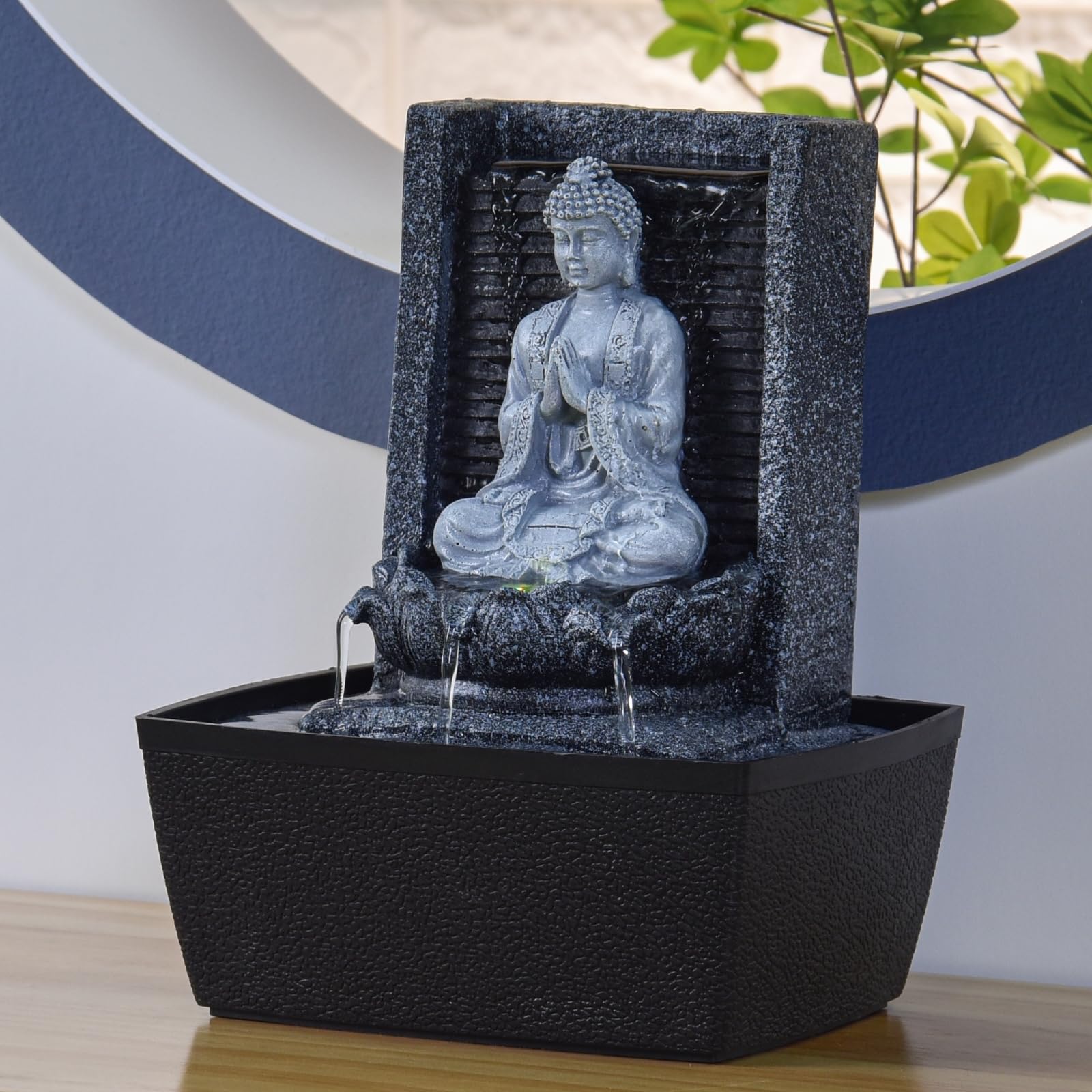 Fontaine d’Intérieur Bouddha Mur d’Eau Cascade Lotus Lumière LED Blanc – Déco Zen Salon Chambre Feng Shui - Fontaine de Table Circuit fermé - Cadeau Utile– H 26cm – Nirvana Zen’Light