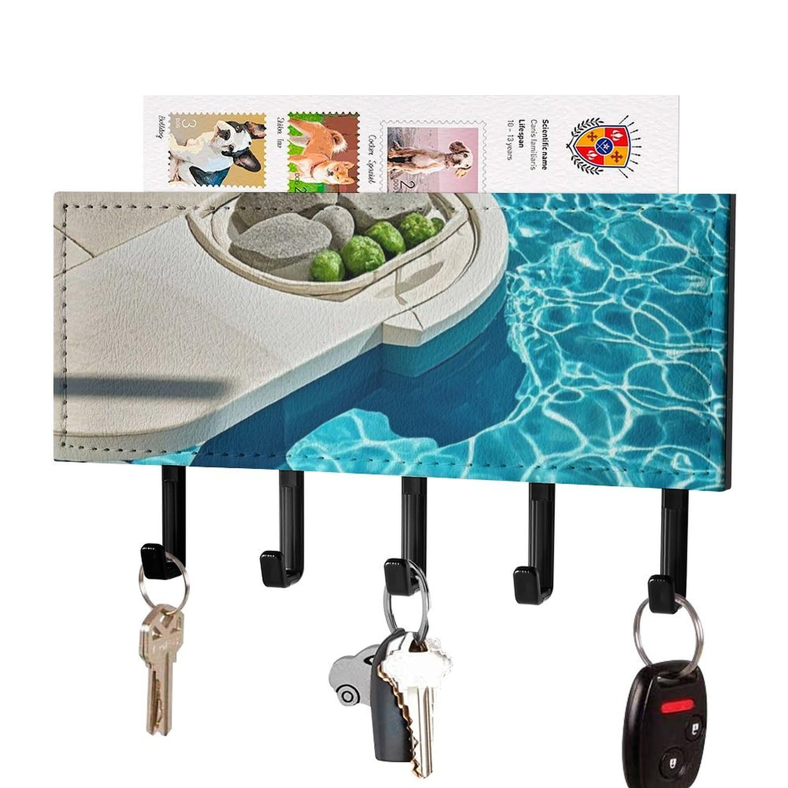 Fekiloot Black-Style Blue Aqua Pool Water Key Holder Wall Mount Key Hanger With 5 Hooks Decorative Key Rack Hanging Key Hooks With Mail Organizer Key Holder For Wall Living Room Kitchen Bathroom Hallway Black