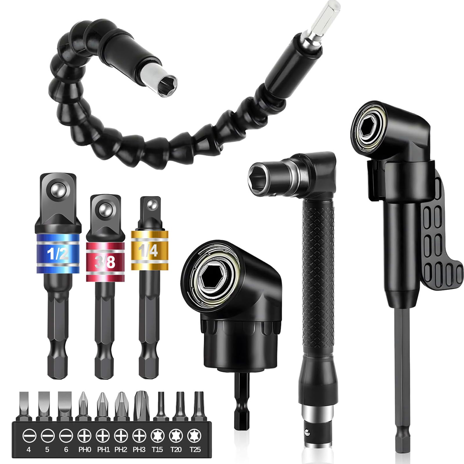 17 flexible Bohrerverlängerungen, inklusive 3 Gelenk-Stecknüsse, 0,64, 0,95, 27 cm (1/4 3/8 1/2 Zoll) Stecknuss-Adapter, 3 rechtwinklige Bohreraufsätze, 10 kurze Schraubendreher-Bits und biegbare
