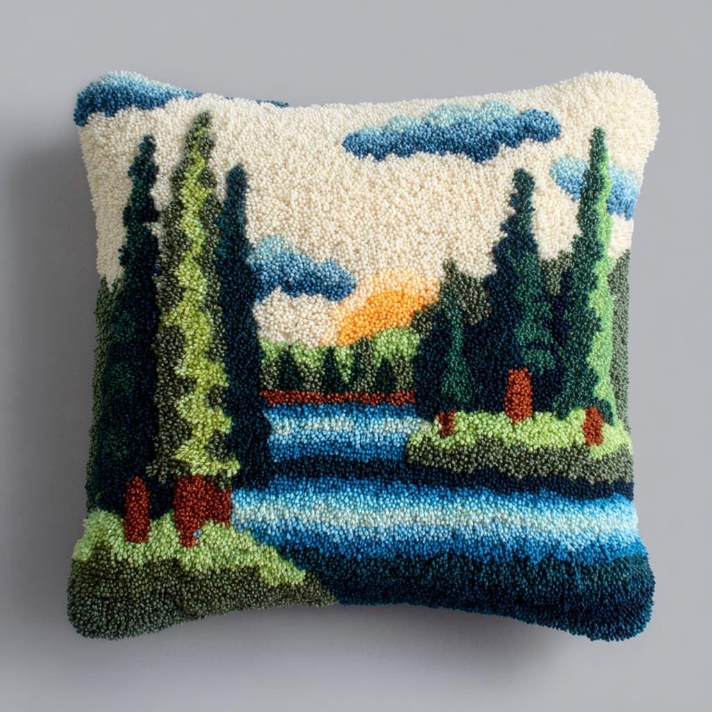 WallustrioaW Latch Hook Cushion Kit for Adults Beginners,Lake Scenery
