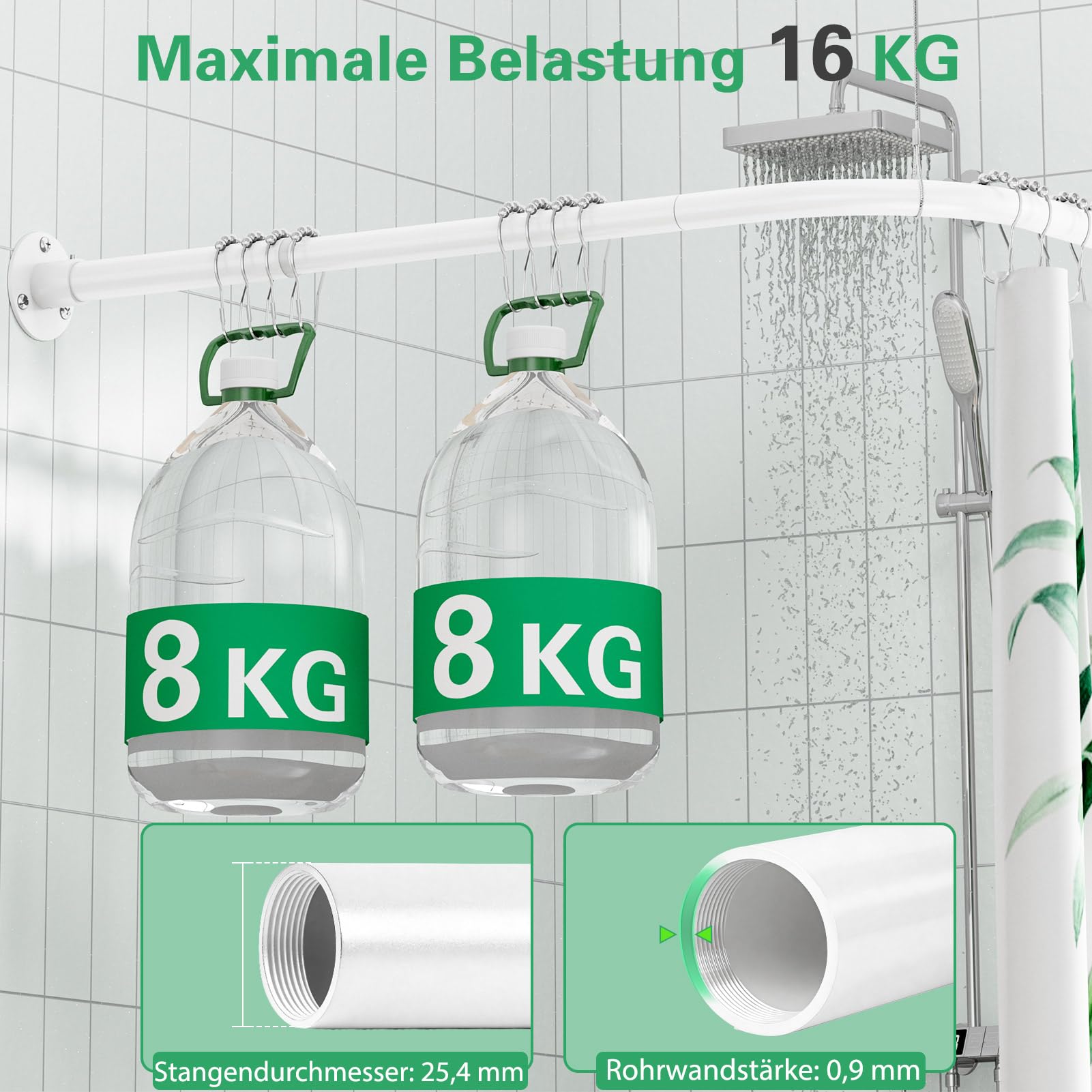 Duschvorhangstange L Form, (60-93cm) × (60-93cm) Verstellbare Weiß Duschstange L Form, Duschstange Ecke mit 12 Ringen & Deckenstütze für Badezimmer, Bohren Erforderlich