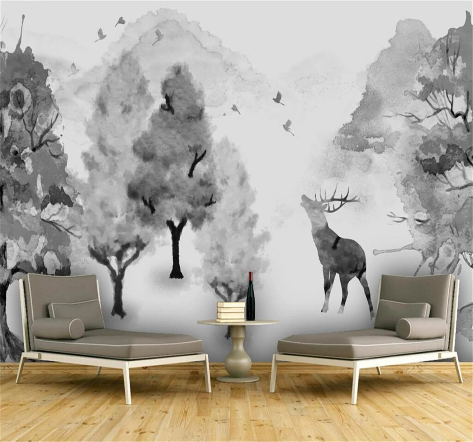 Xlming 400Cm×280Cm(B×H) Minimalist Hand Drawn Black And White Forest Reindeer 3D Wallpaper Luxury Home Dining Decor Paste Sofa Living Room The Wall For Bedroom Mural-400Cm×280Cm