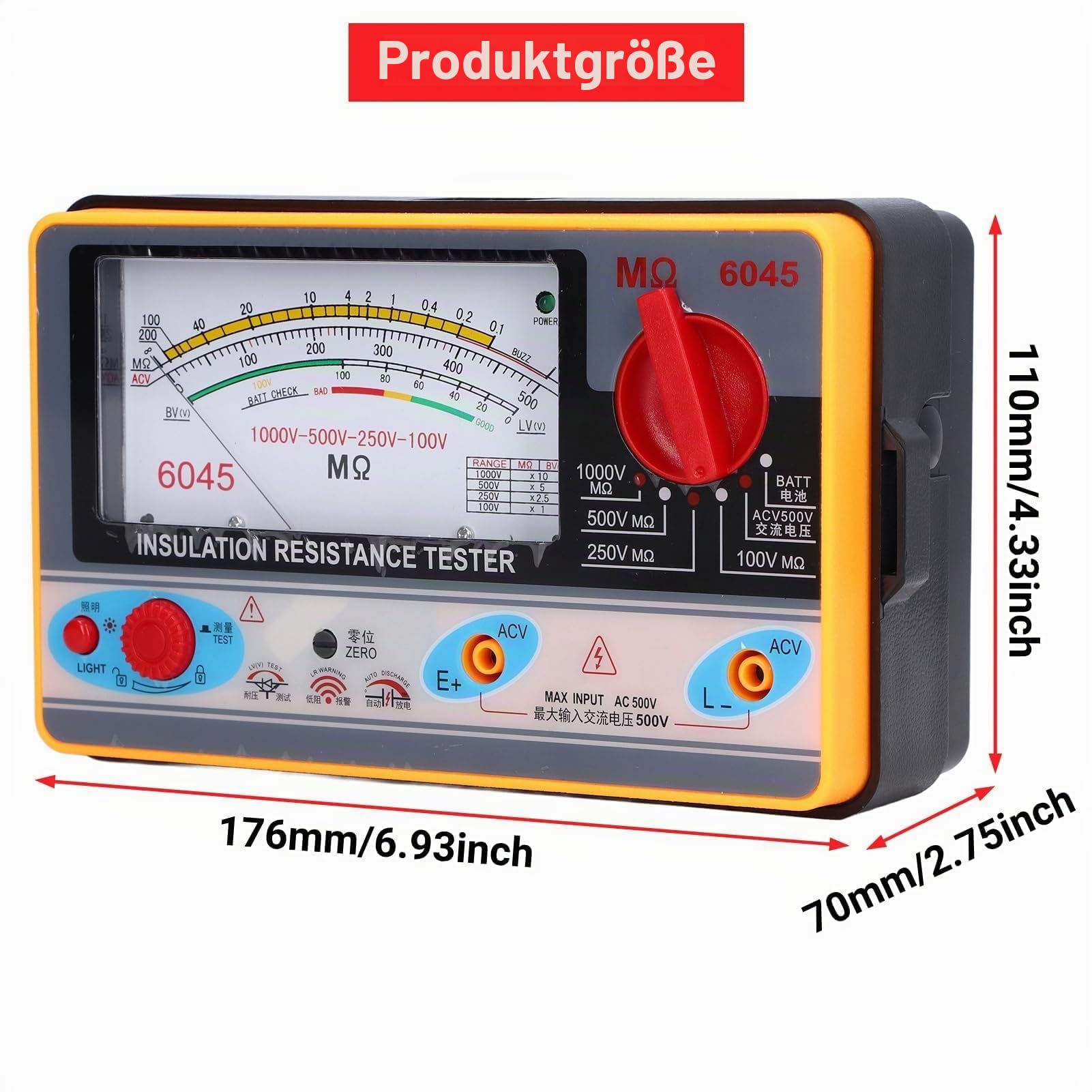 TY6045 Isolationswiderstandstester Megohmmeter tragbar 1000 V 5 MΩ-2000 MΩ Widerstand Messung ohm Messgerät ABS Meter 10-2000 m ± 10% Bogenlänge