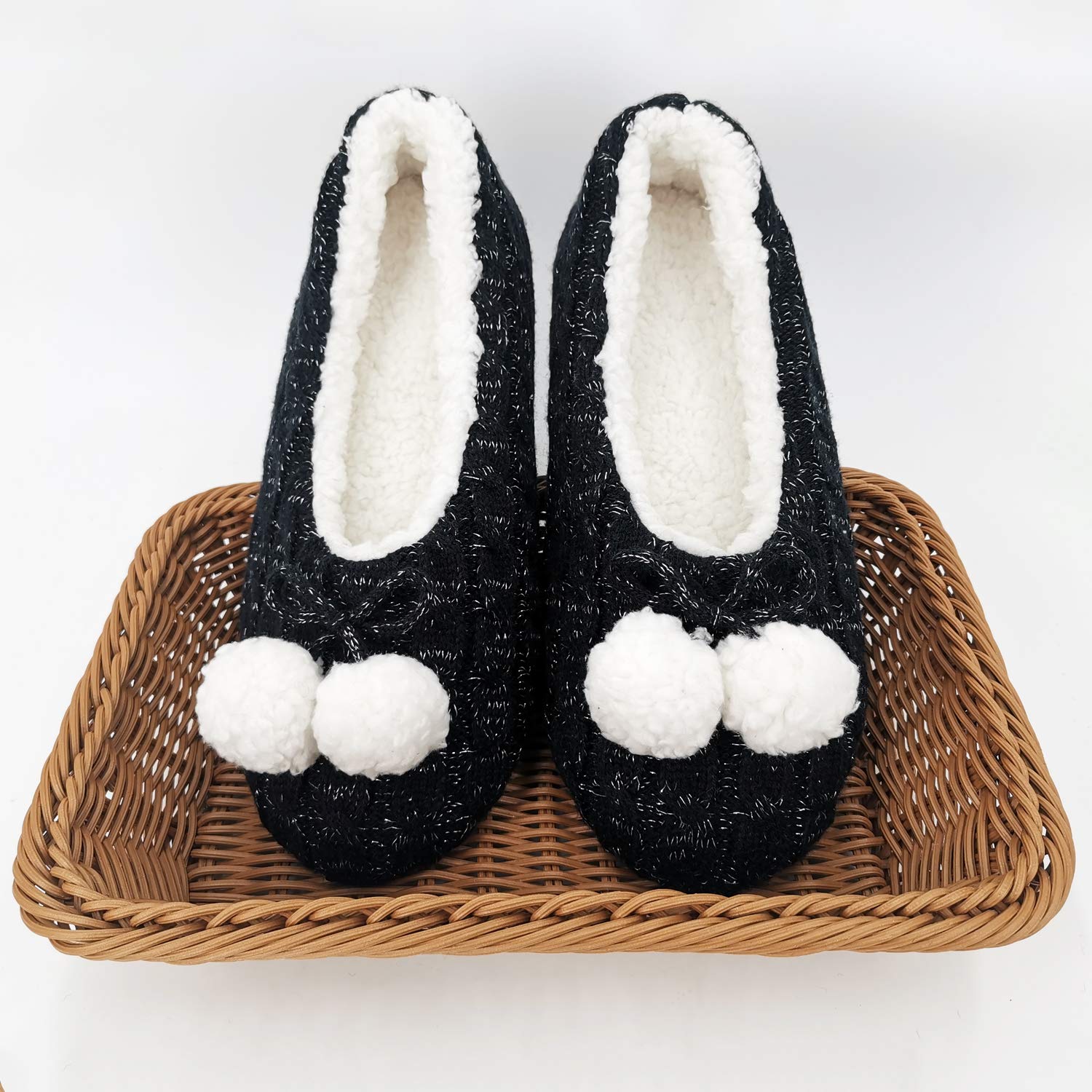 Zapatillas de casa de punto cálido para mujer, estilo de bailarina/zapatos de ballet para interiores con pompones, forro polar de Sherpa sintética, suelas de goma antideslizantes