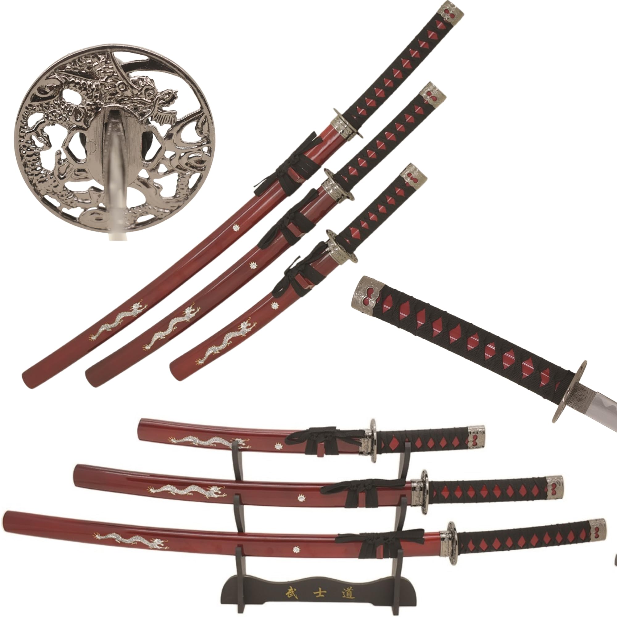 Snake Eye Tactical Two Tone 3 Piece Samurai Katana Set w/Free Sword Stand (Burgundy)
