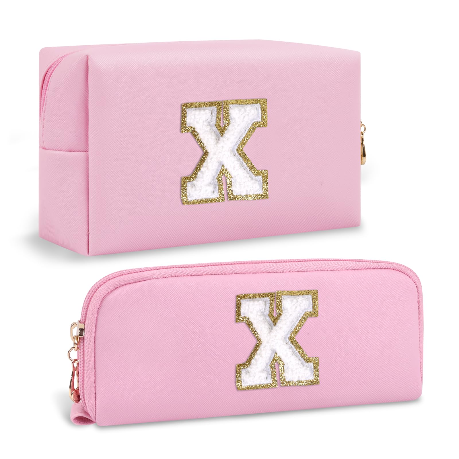 2 PCS Personalized Initial A-Z Preppy Cosmetic Bag with Small Makeup Brush Bag, Cute Pink Travel Cosmetic Toiletry Zipper Pouch, Waterproof Make Up Brush Organizer Christmas Gifts for Women(Letter X)