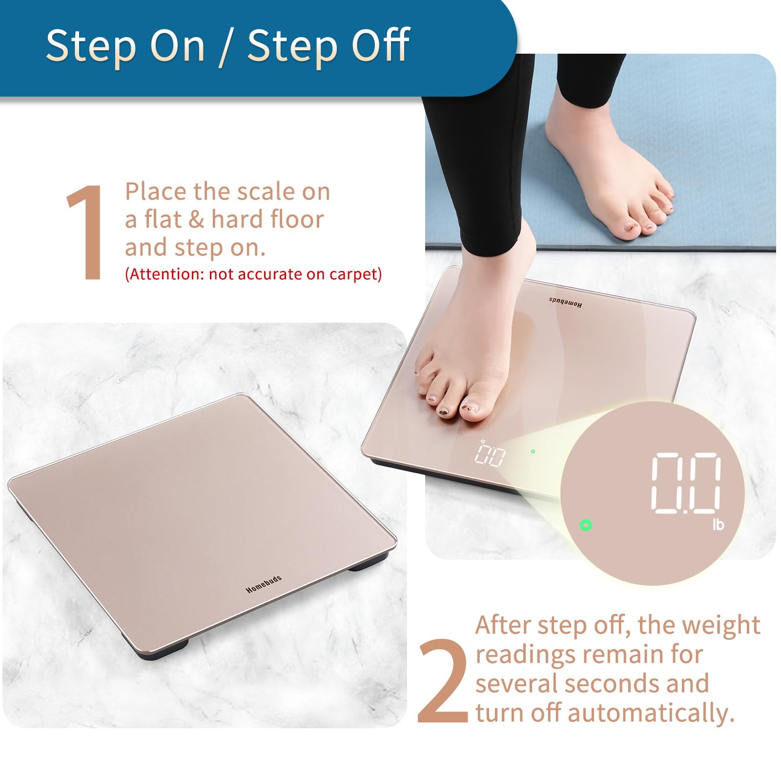 Homebuds Bilancia Pesapersone, Precisione 0,05kg Dalla Nostra Fabbrica Professionale Dal 2001, Bilancia Digitale Step On e LED Bianco per Una Facile Visualizzazione, 3*AAA Incluse, 182kg, Oro Rosa