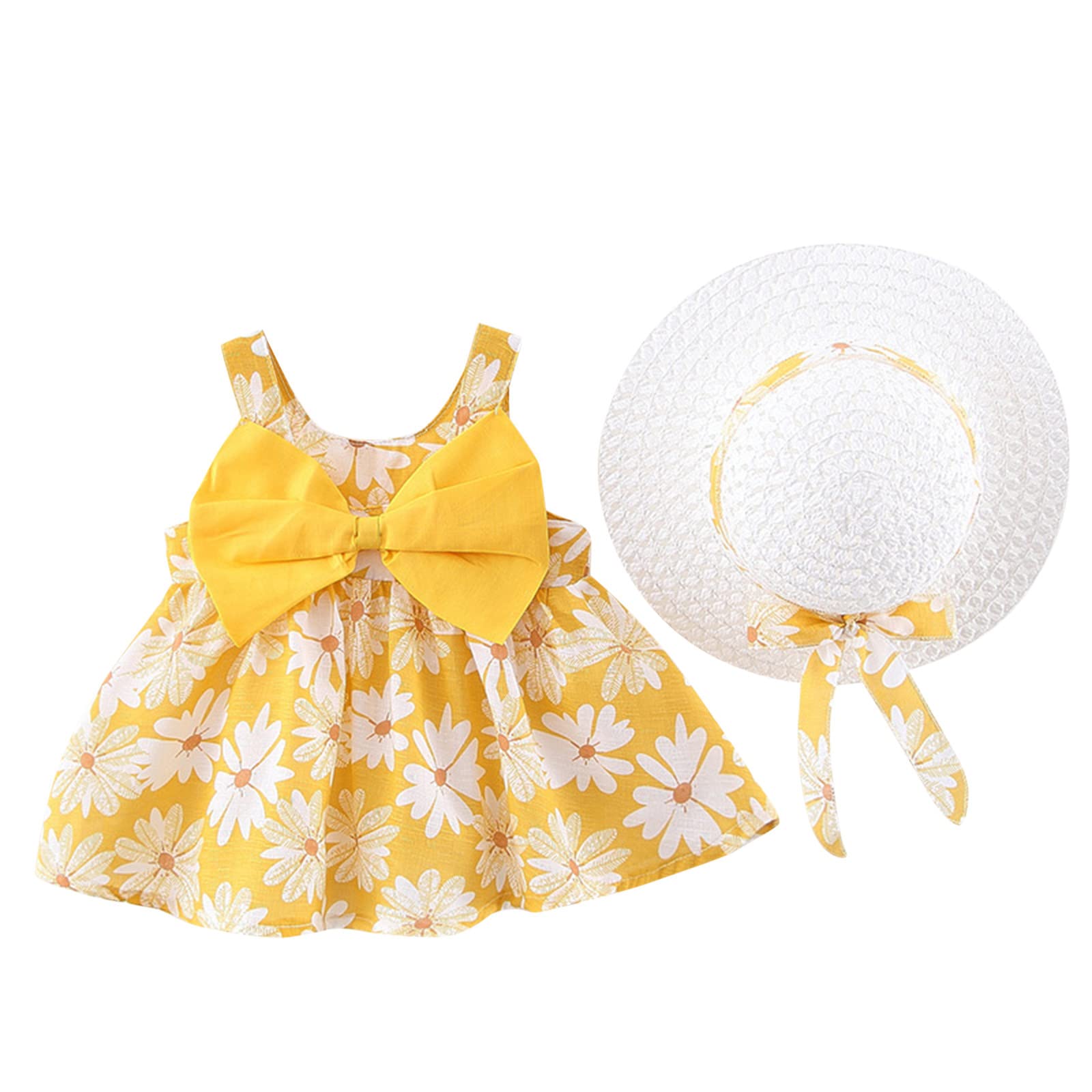 Infant Little Girls Clothes Set Summer Outfit Set Toddler Infant Baby Girls Summer Princess Dresses Vacation Beach Sleeveless Hat Set Ruffles Bow Floral Dress 0-3Y f37 Yellow