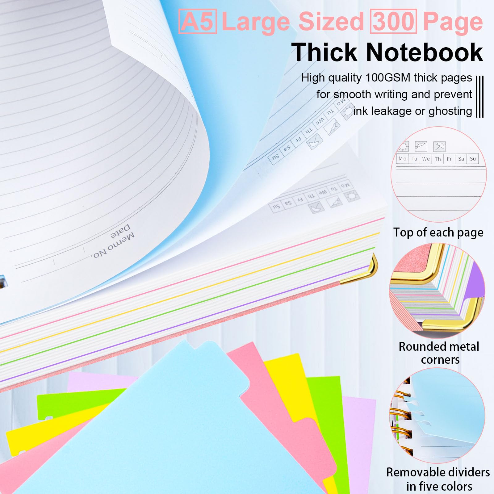 Taccuino a spirale con copertina rigida, 15,7 x 20,8 cm, con linguette e divisori rimovibili, 300 pagine, 5 soggetti, a righe, in ecopelle, per donne, scuola, lavoro (rosa)