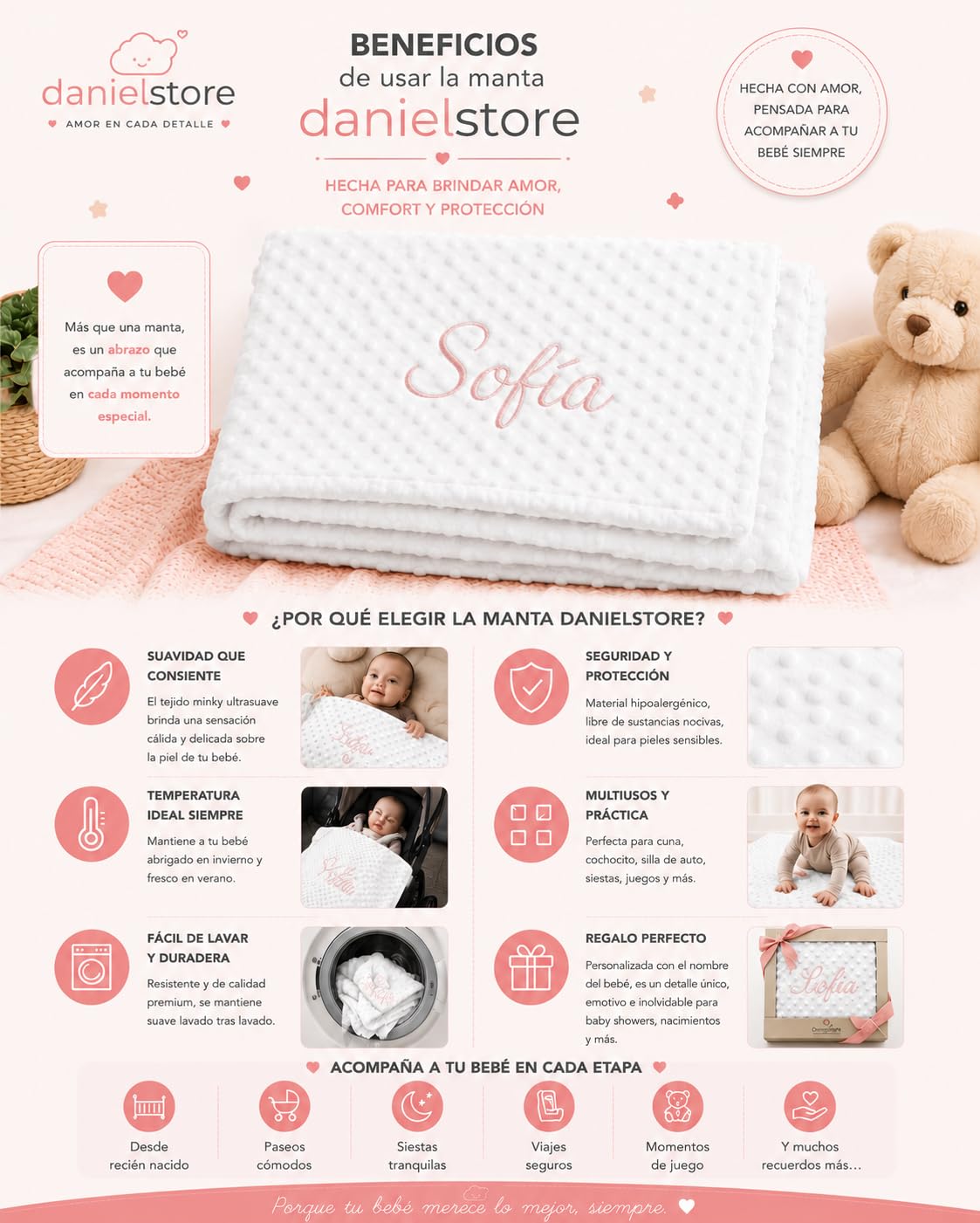 Danielstore Manta Bebe Personalizada con Nombre Bordado Manta Envolvente para Bebés Suave y Confortable para Todas Las Estaciones del Año 0,80 x 1,10 m