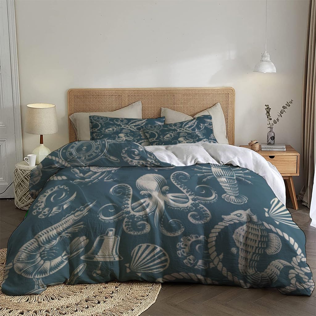 NIBAINLO 布団カバーモノクロの航海風アンカー船カニ 肌に優しい ピーチスキン加工 掛け布団カバー 和式 洋式 あったか 布団カバーセット リバーシブル ホームステイ ホテル 家庭兼用