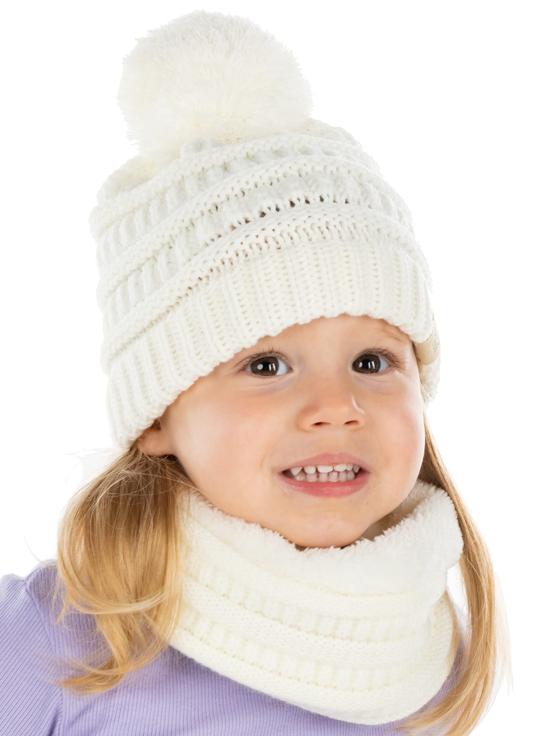 Funky Junque Kids Winter Fleece Lined Neck Warmer Ribbed Knit Pom Pom Winter Beanie Bundle Cold Weather Gaiter Toddler