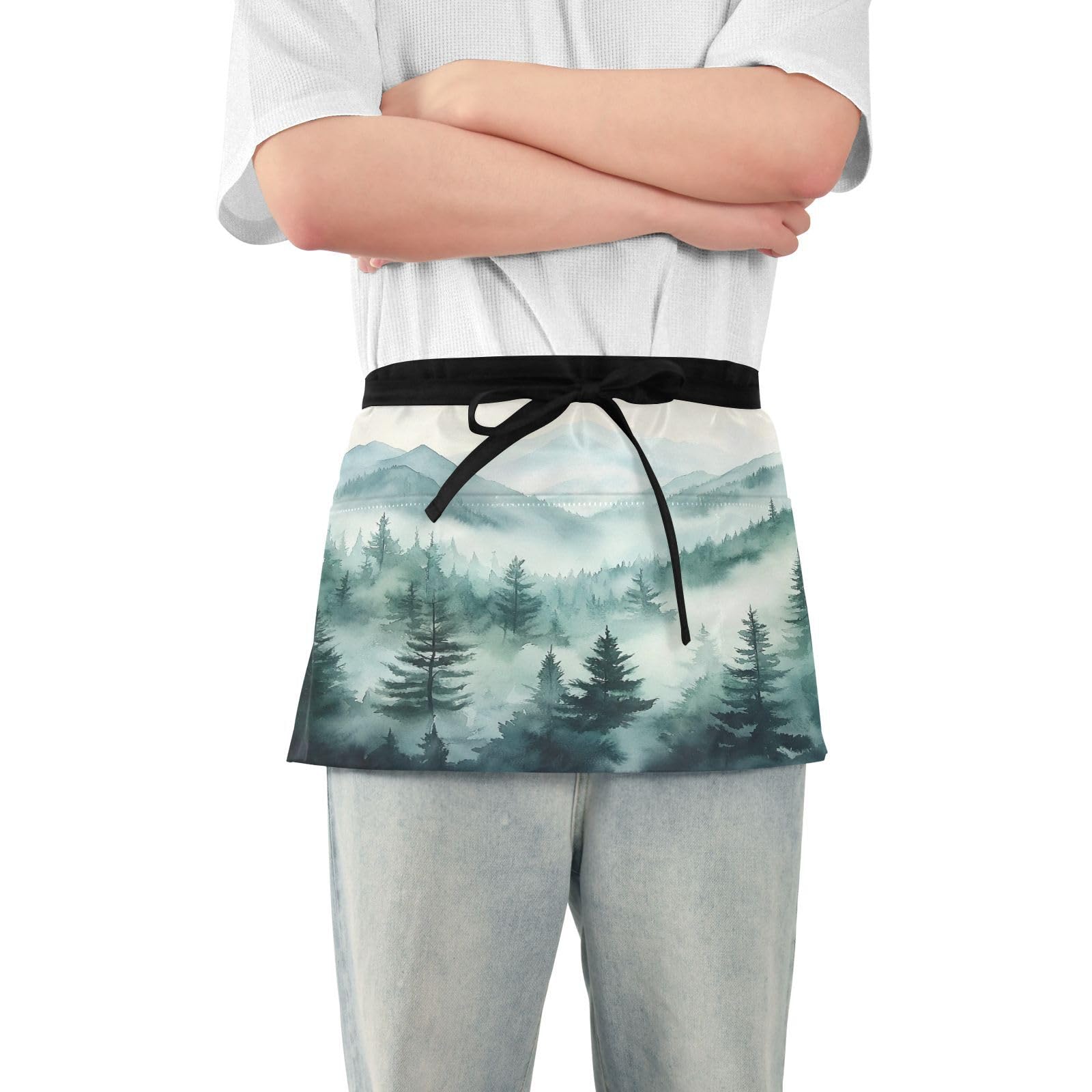 Kigai Watercolor Mountain Server Aprons for Men Women Water & Oil Resistant Waitress Waiter Waist Apron with 3 Pockets