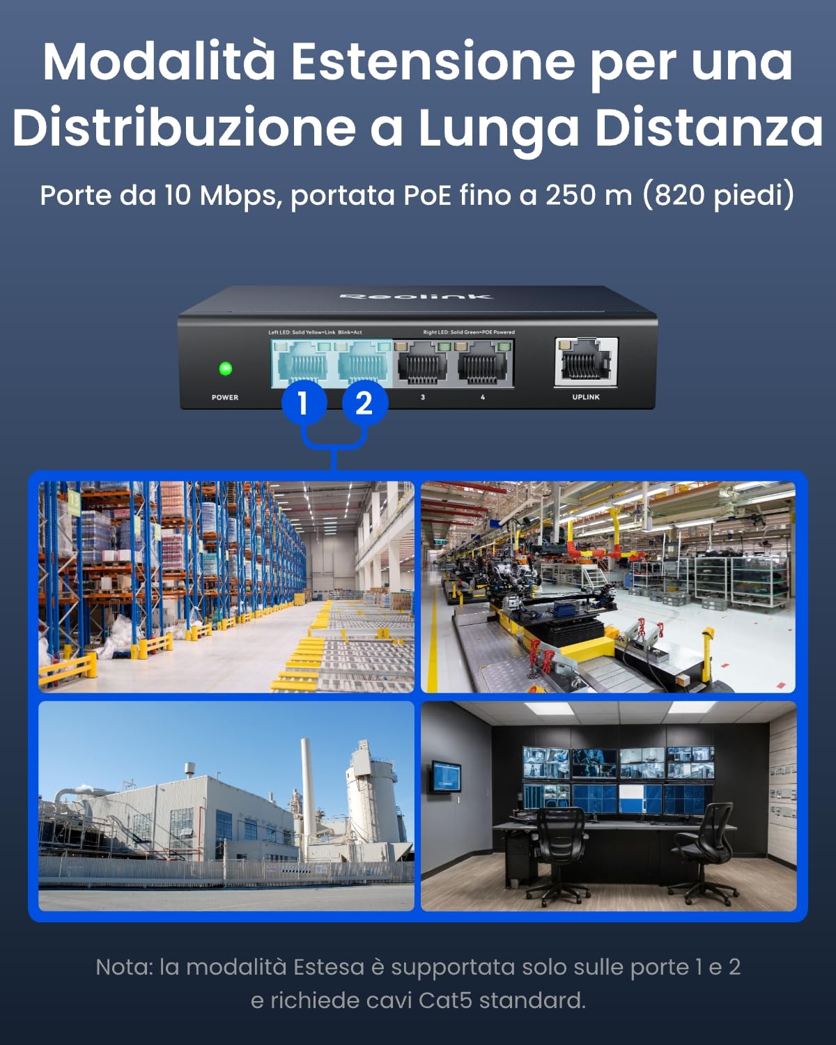 Reolink Switch PoE a 4 Porte PoE e 1 Porta Gigabit, Fino a 30W per Porta, Adattatore da 65W Incluso, Riavvio Automatico, Modalità Estensione, Distribuzione Potenza, Standard IEEE 802.3af/at, RLA-PS1E
