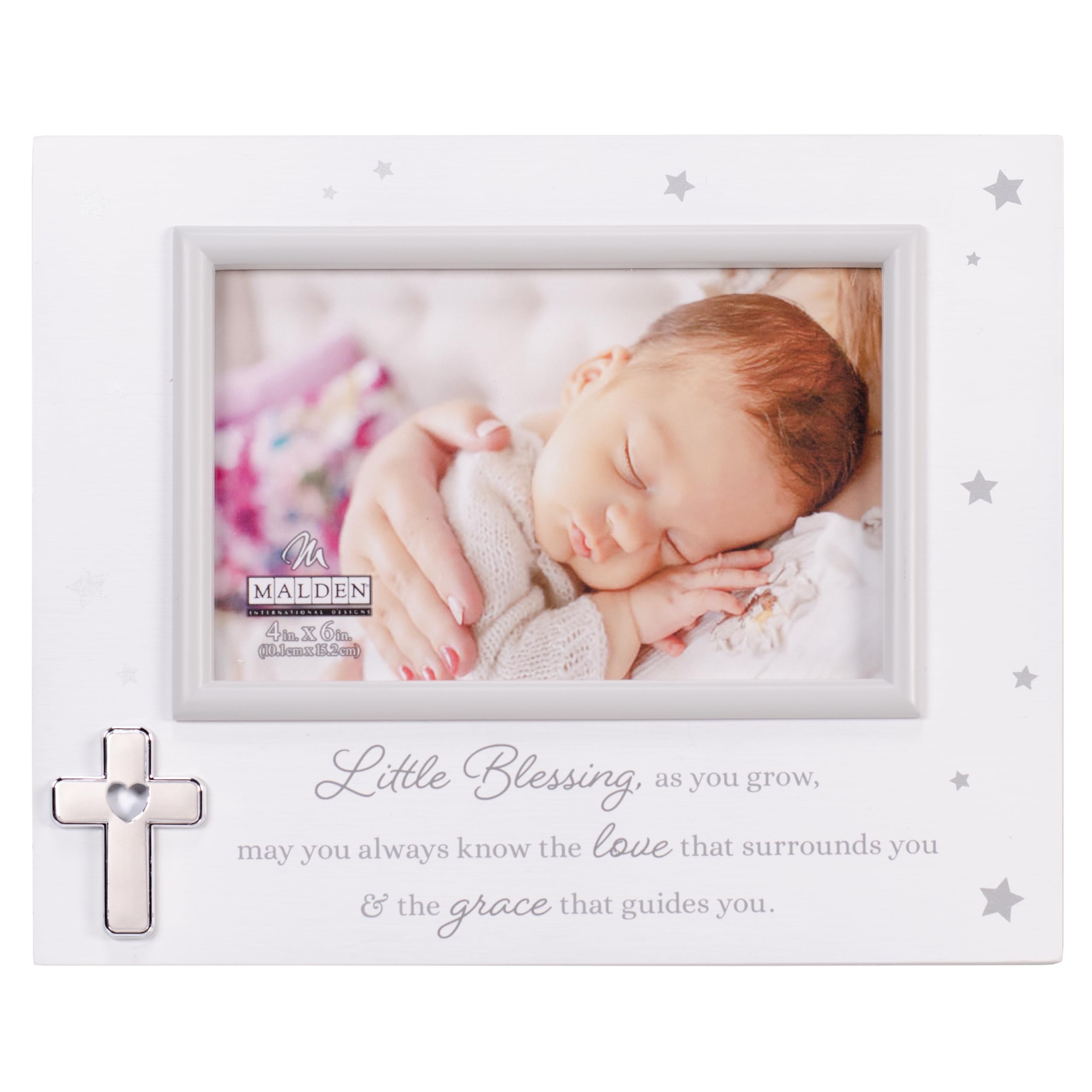 Malden International Designs 4x6 Little Blessings Picture Frame White Light Wood Grain MDF Frame With Silver Cross Attachment