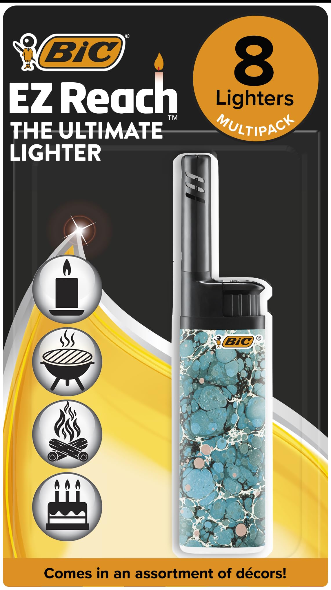 BicEZ Reach Utility Lighters with 3.5 cm Wand, The Ultimate Lighter' Produces up to 900 Lights perfect for Candles, Gas Cookers & BBQs - Pack of 8 in Marble Print