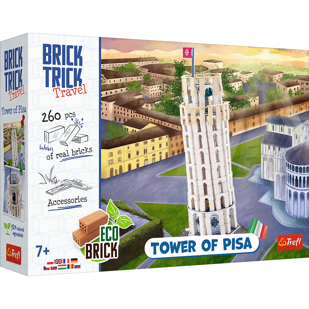 Trefl - Brick Trick Travel: Tower of Pisa - Bauen mit Brick Travel, Schiefer Turm von Pisa, EKO Brick Bricks, 260 Bausteine, wiederverwendbar, Kreativ-Set für Kinder ab 7 Jahren