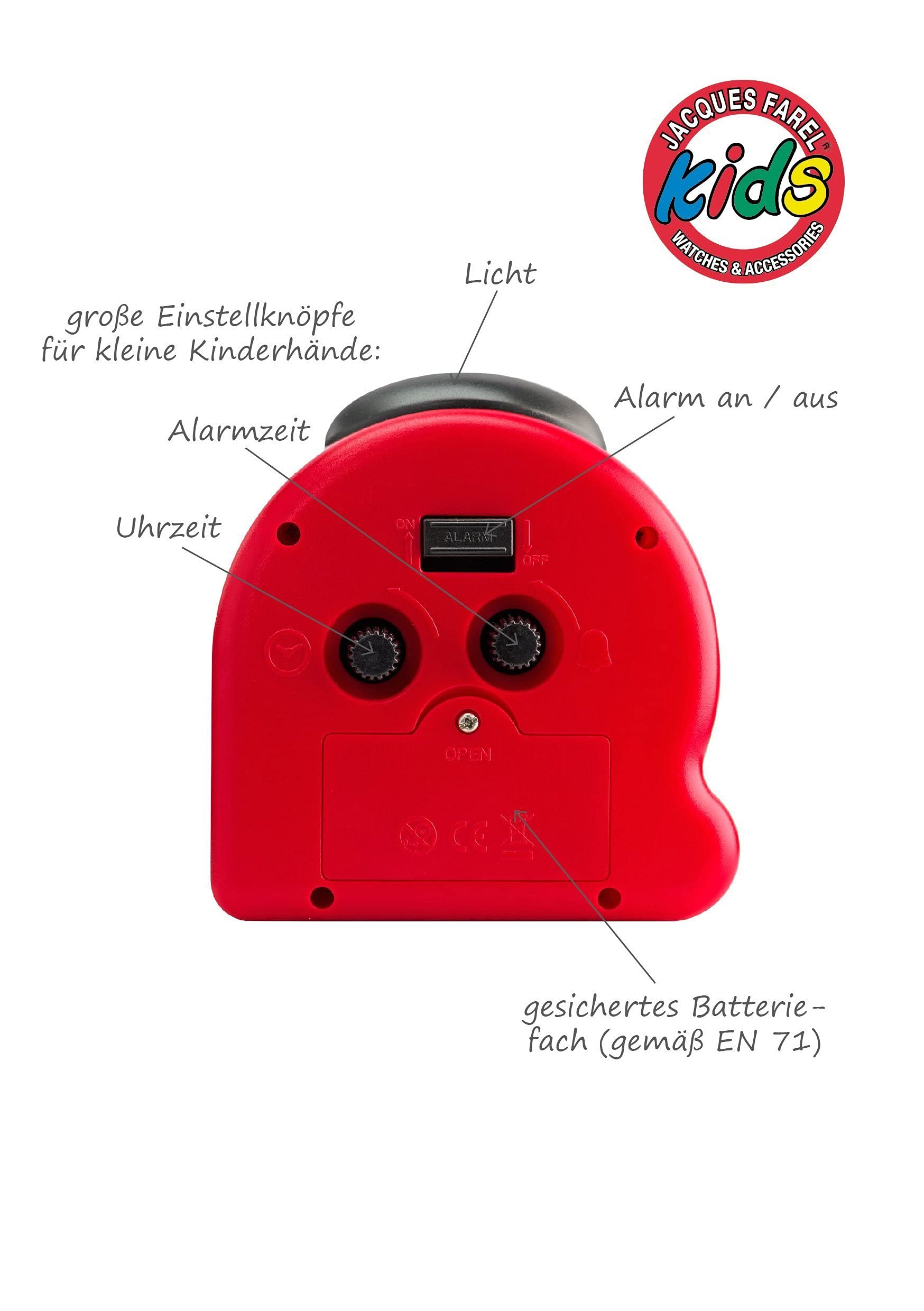JACQUES FAREL HappySound Kinderwecker mit Melodie Soundwecker Rot mit Feuerwehr Sound Tatütata, Lautstärkeregelung Analog Quarz Licht AVC 02FIRE