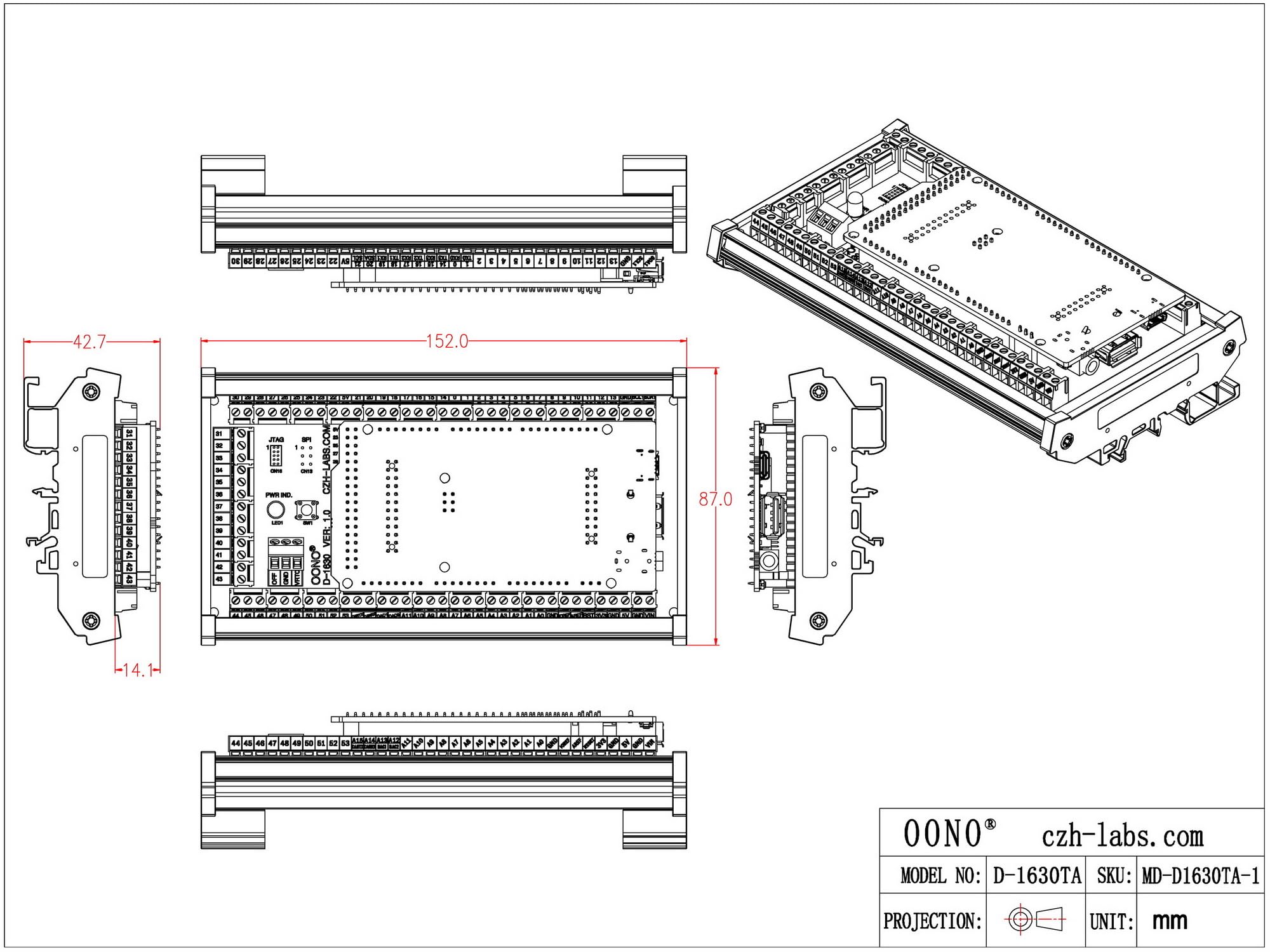 Modulo adattatore morsettiera per Arduino GIGA R1 WiFi, guida DIN o montaggio a vite, scheda breakout GPIO, versione standard