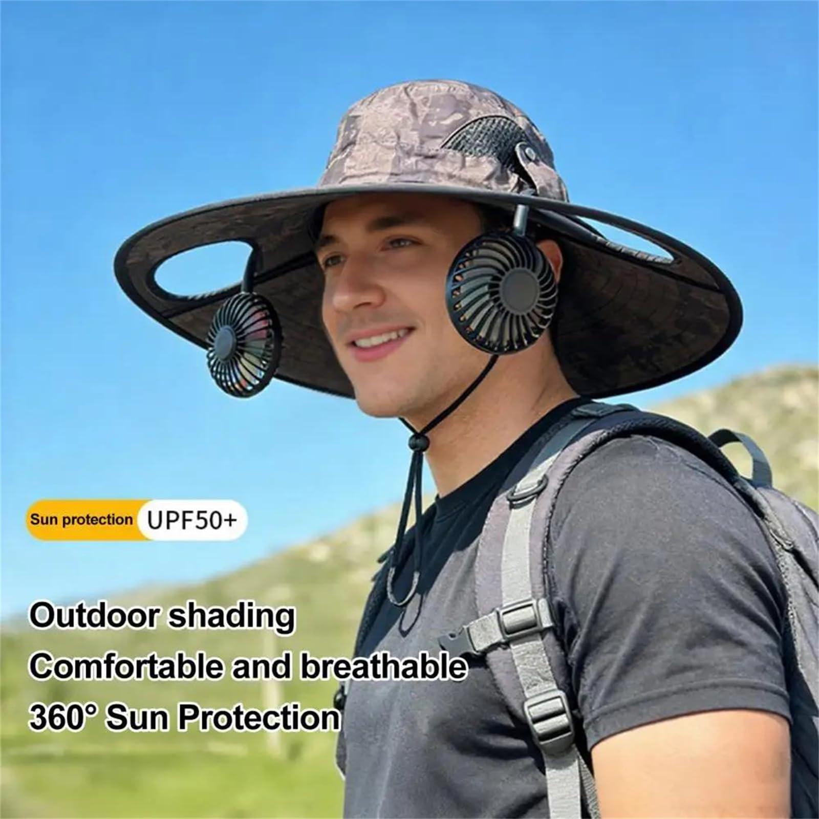 Cappello sole "bucket" con doppia ventola – cappello refrigerante 2 in 1 | con ventole rimovibili, pale luminescenti al buio, velocità regolabile e cappello da sole a tesa larga