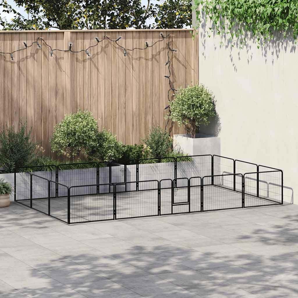 Box per Cani 16 Pannelli Acciaio 60x80 cm Nero | 2 Porte a Battente con Chiavistelli, Pali da Terra Inclusi, Uso Esterno e Interno